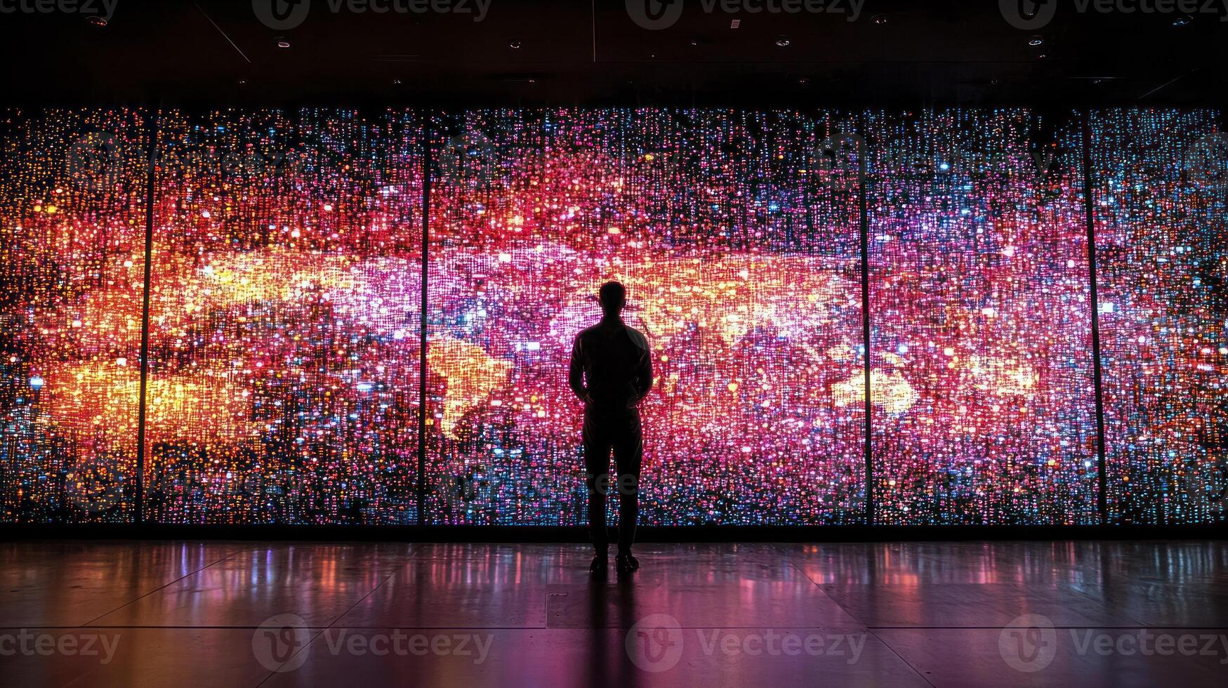 A man standing in front of a large screen with many stars photo