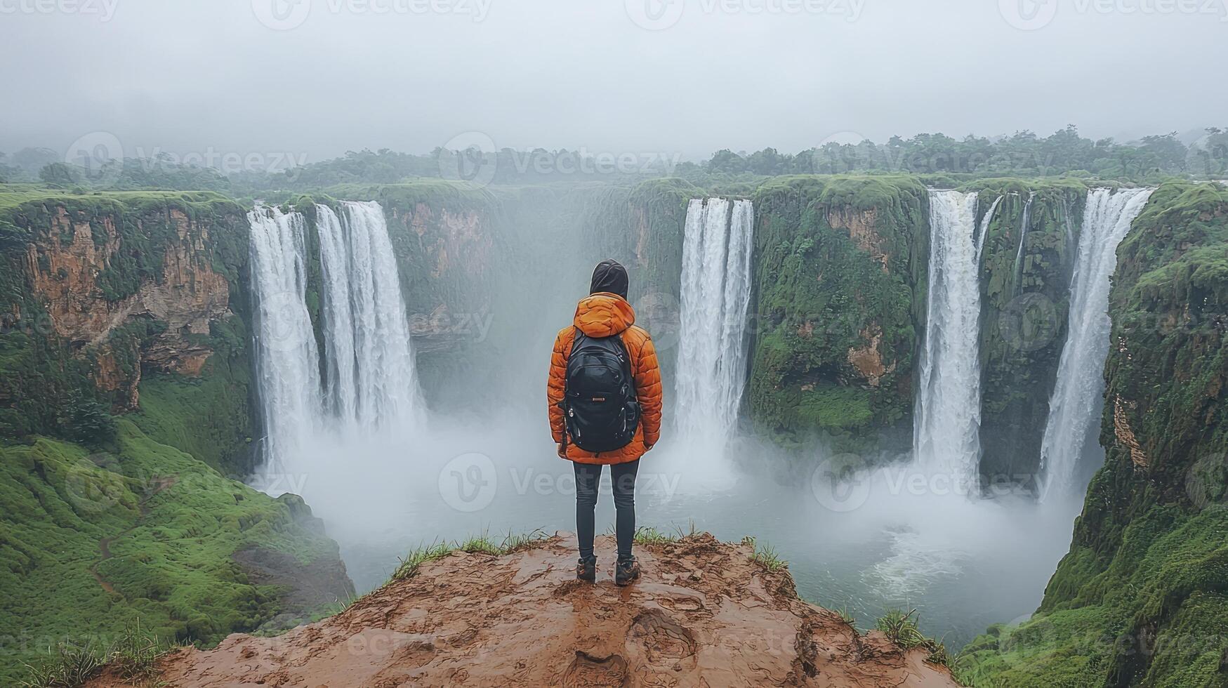 A person standing at the edge of a waterfall photo