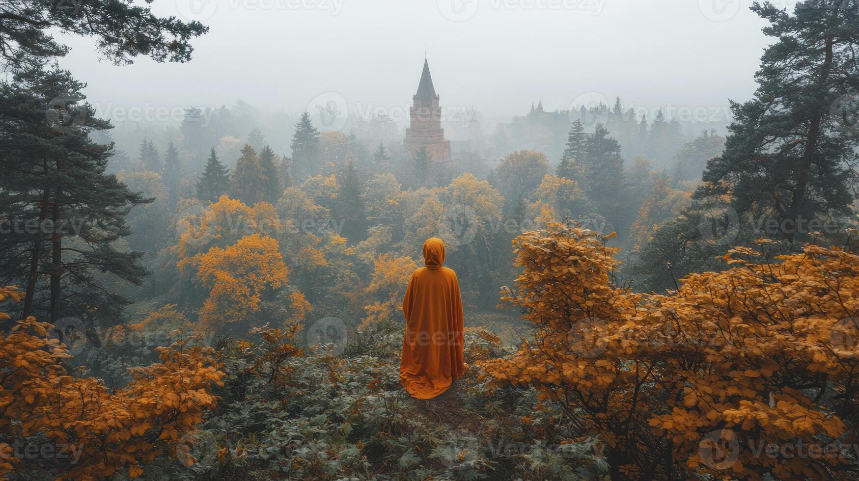 A person in an orange robe stands in the middle of a forest photo