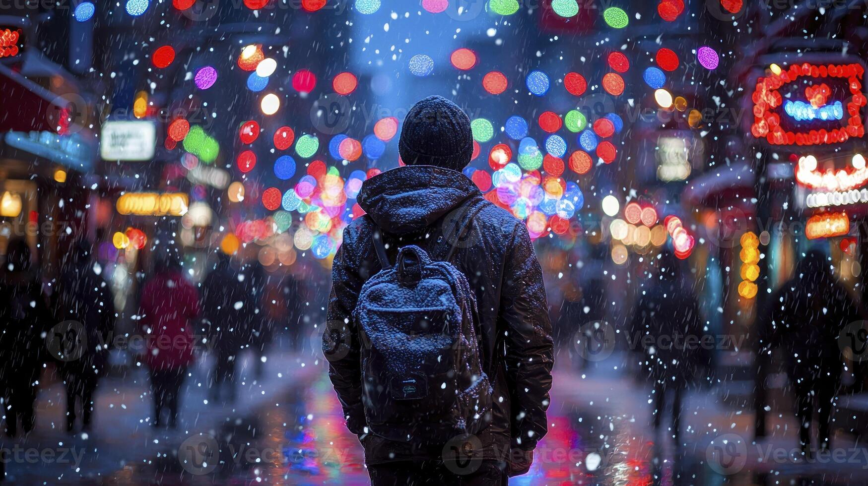 A man walking down a street in the rain with colorful lights photo