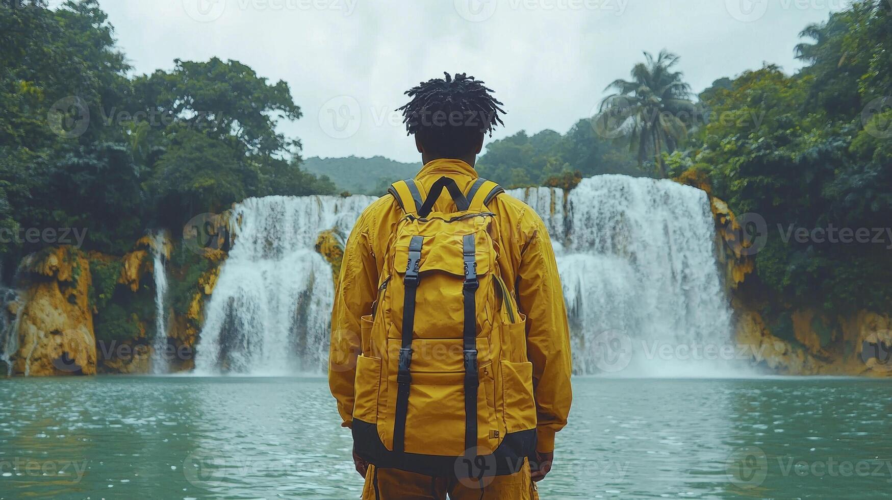 A man with a yellow backpack standing in front of a waterfall photo