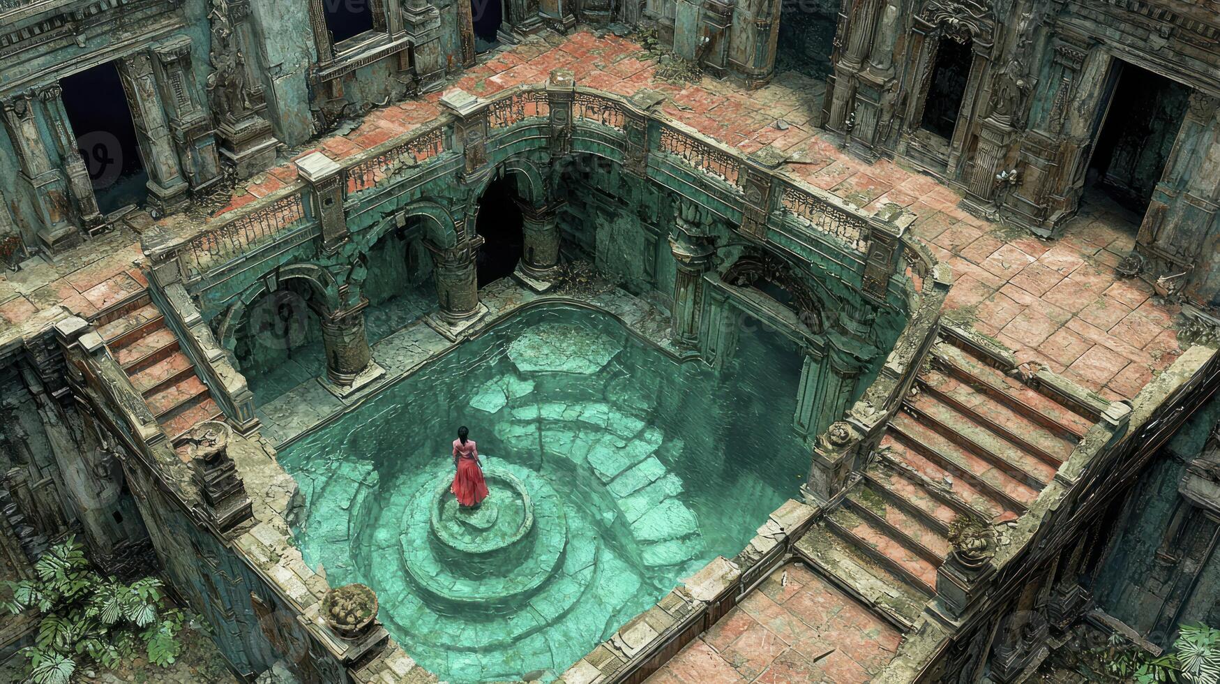 A woman stands in front of a building with a fountain in the middle photo