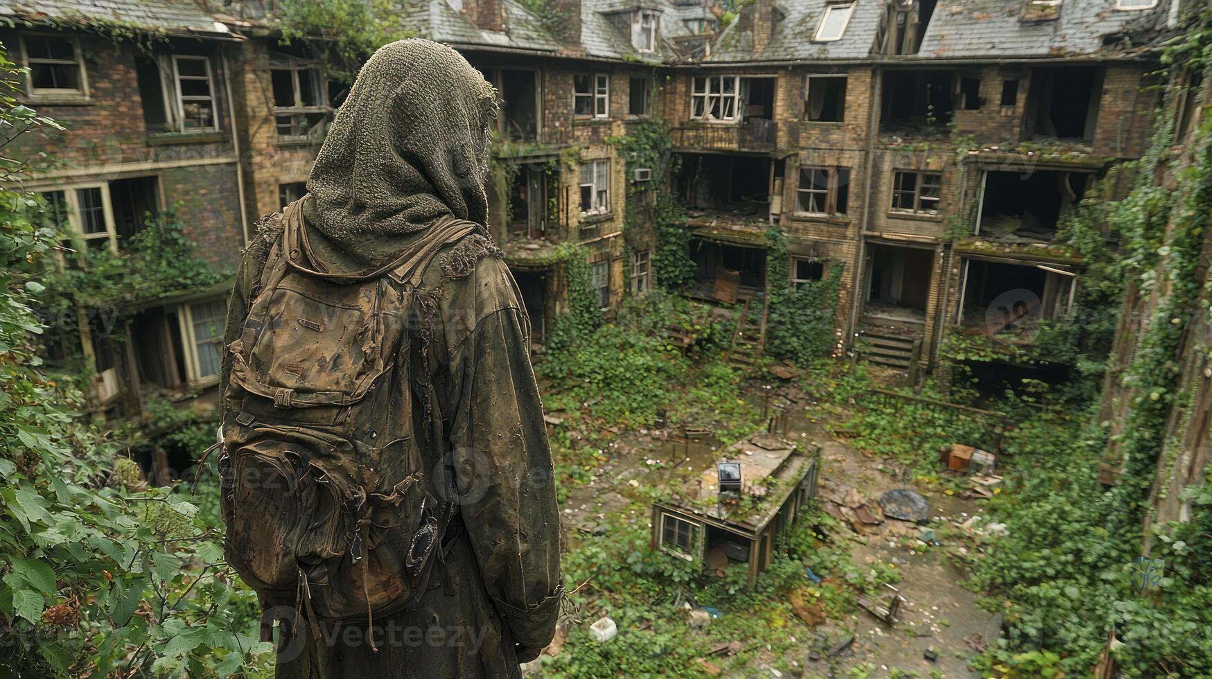 A man in a hoodie stands in front of a building photo