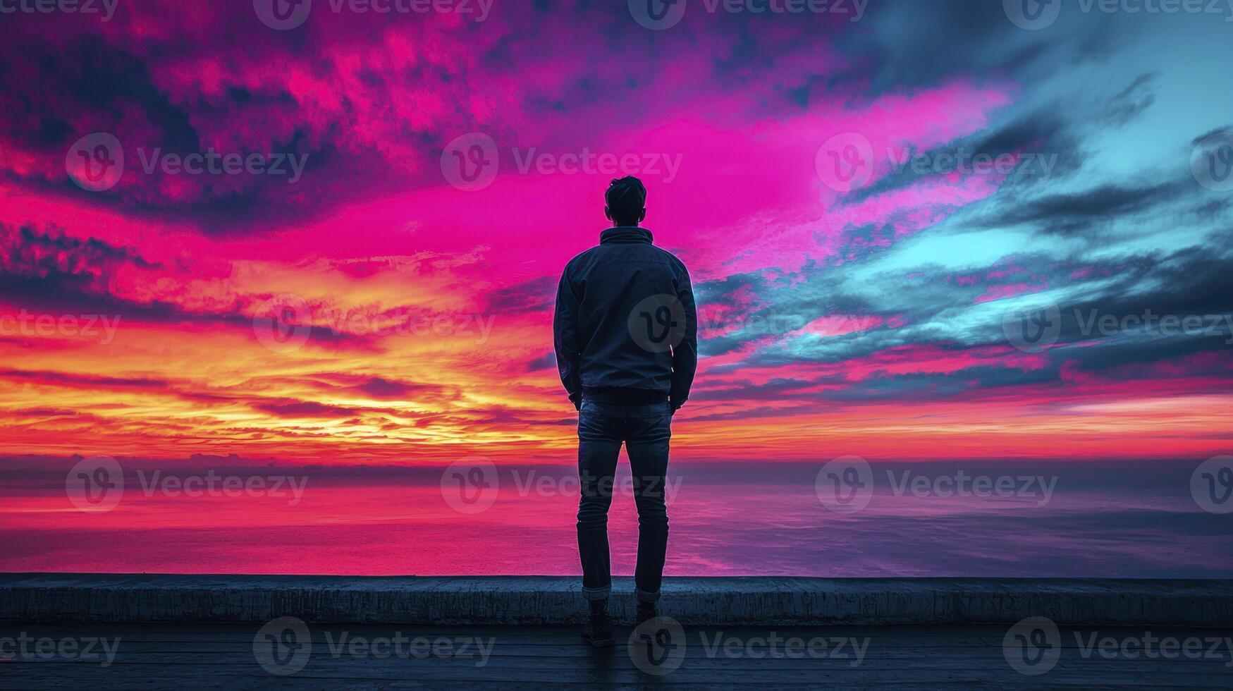 A man standing on a dock looking at the sunset photo