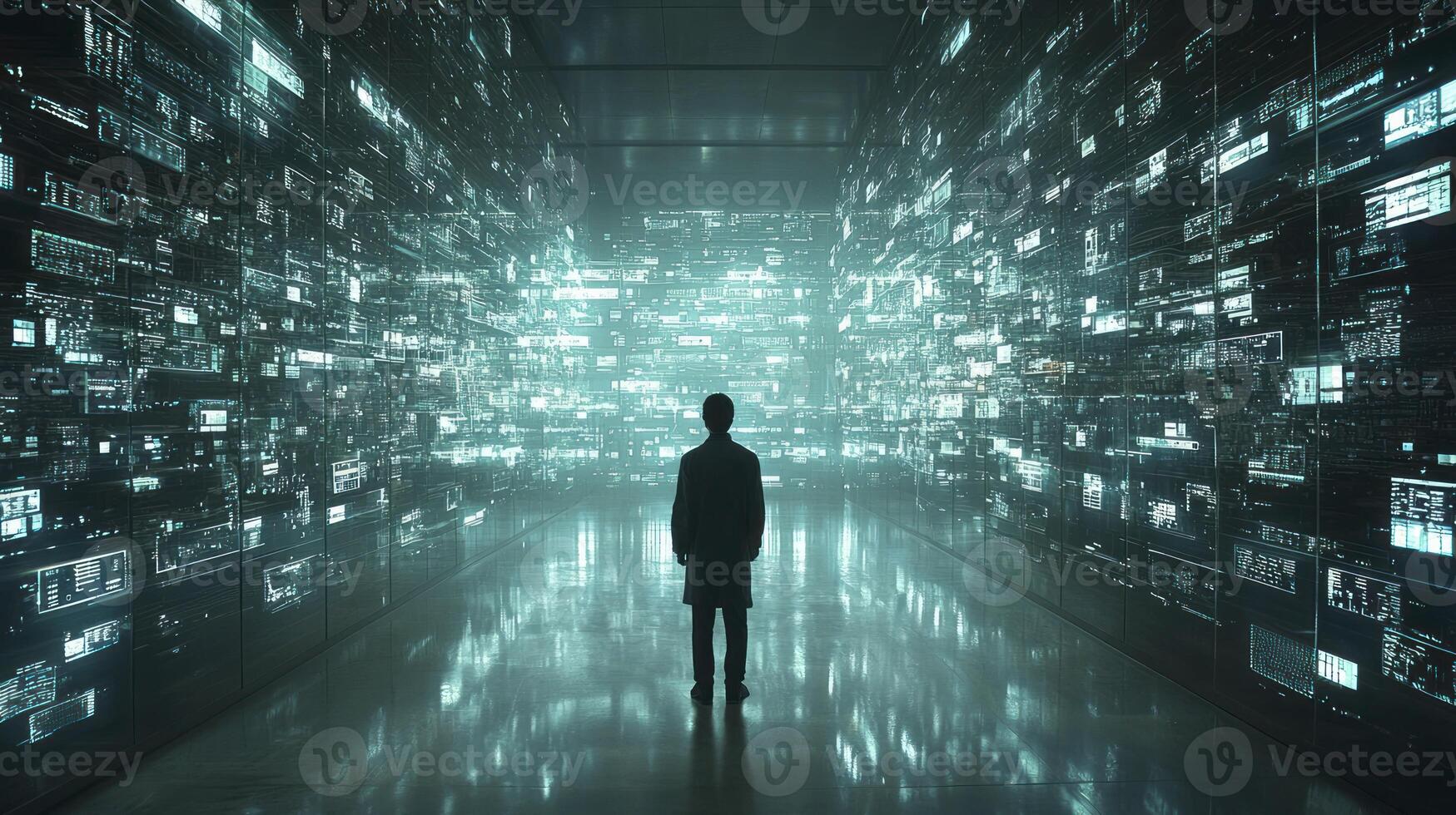 A man standing in front of a room full of data photo
