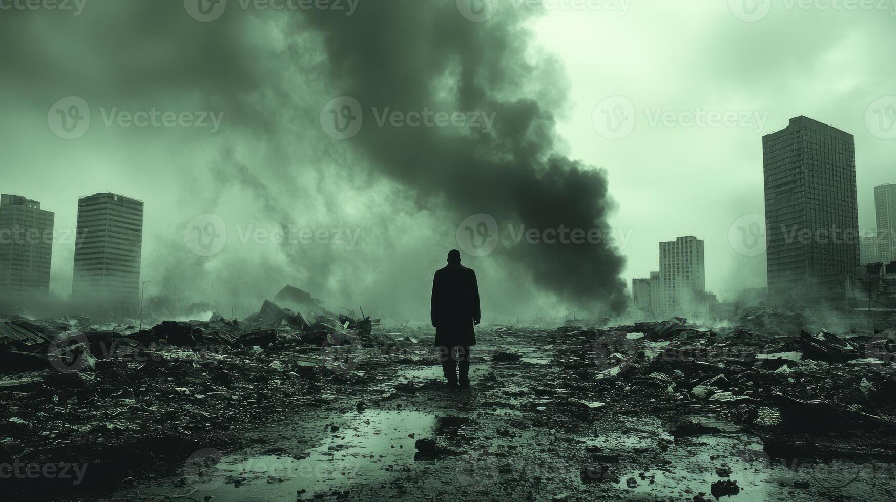 A man standing in front of a city with smoke coming out of it photo
