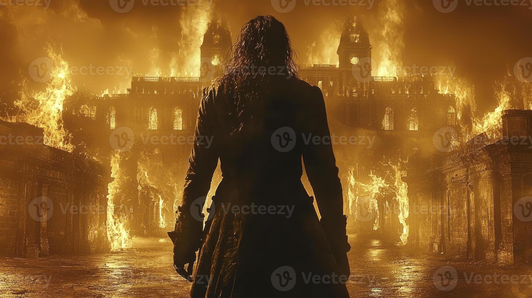 The man in black is standing in front of a burning building photo