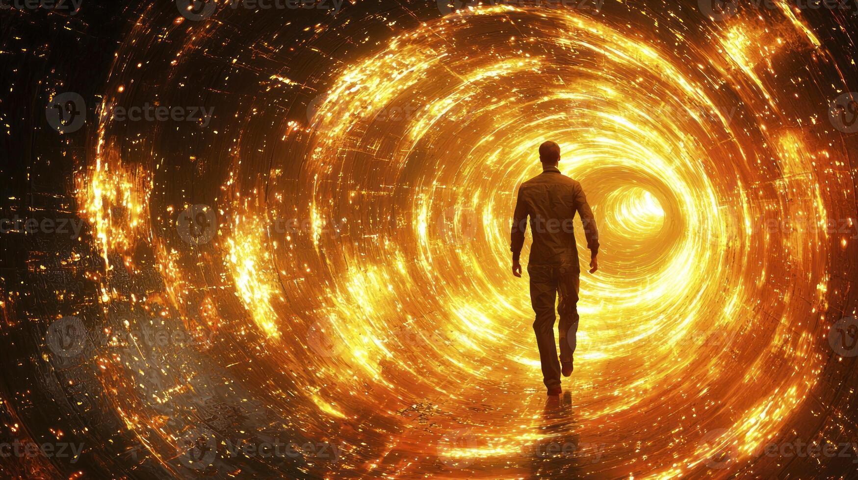 A man walking through a tunnel with a bright light photo
