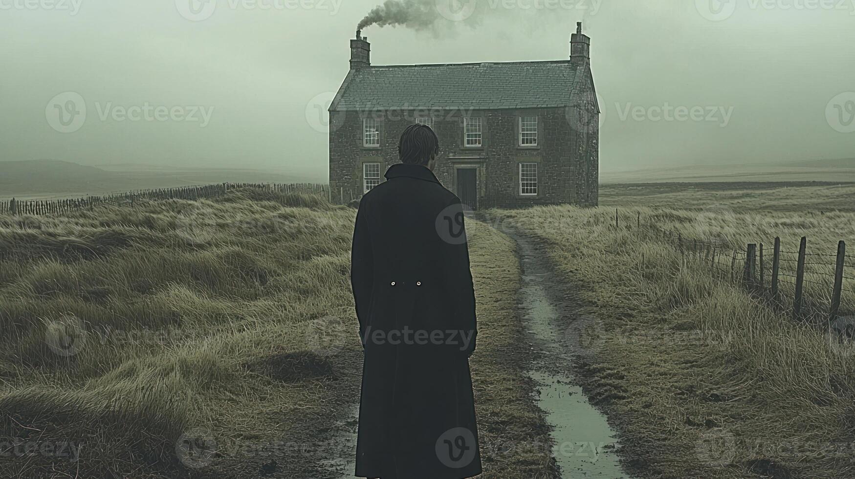 A man in a black coat standing in front of a house photo