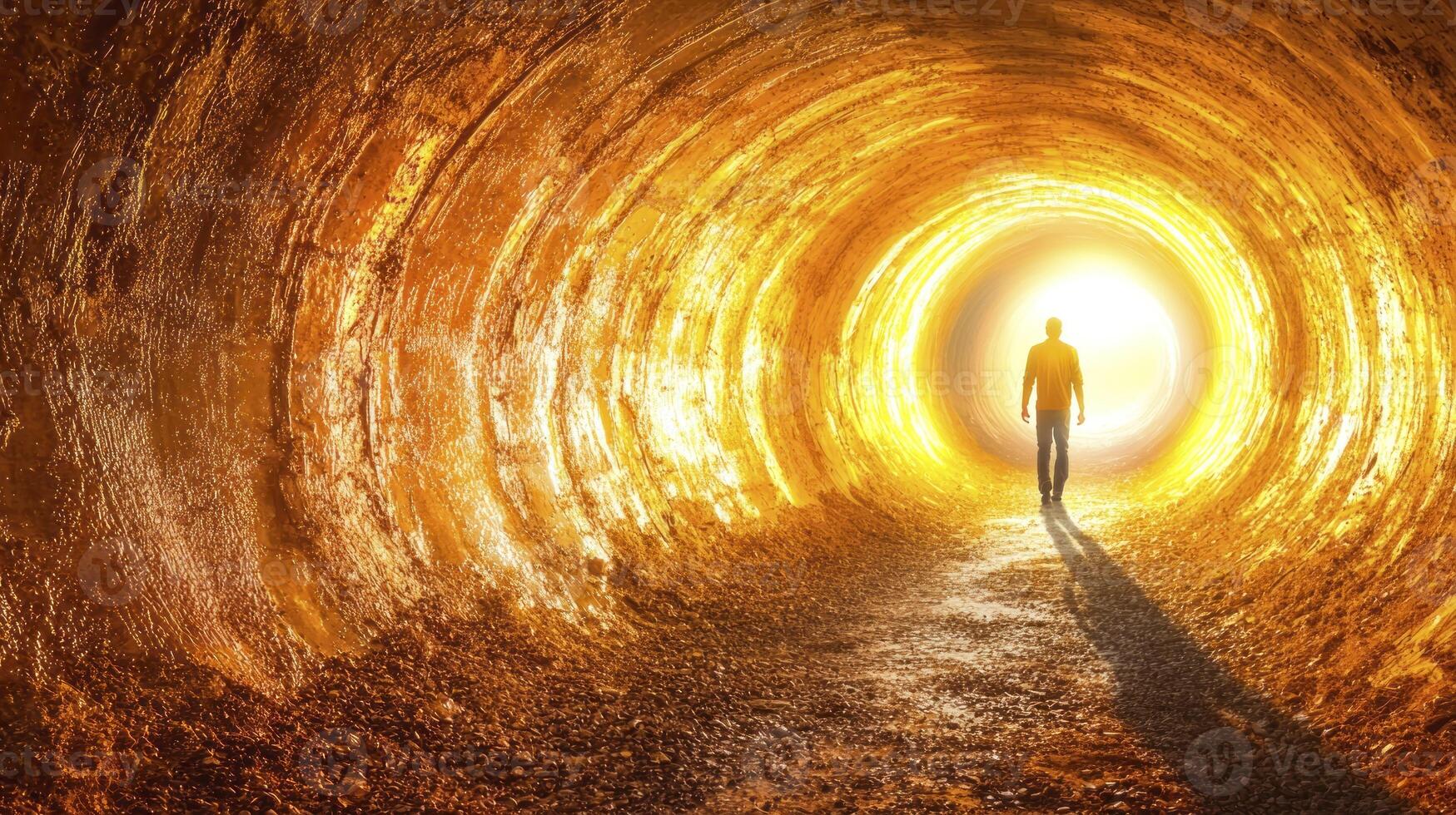 A man standing in the middle of a tunnel with a light coming out of it photo