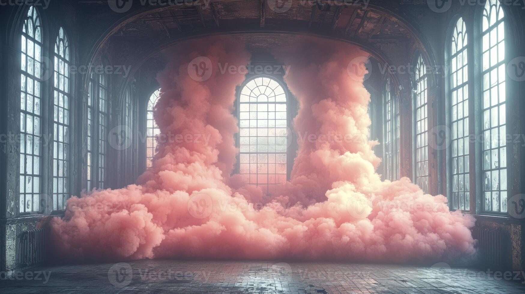 A room with pink smoke coming out of the windows photo