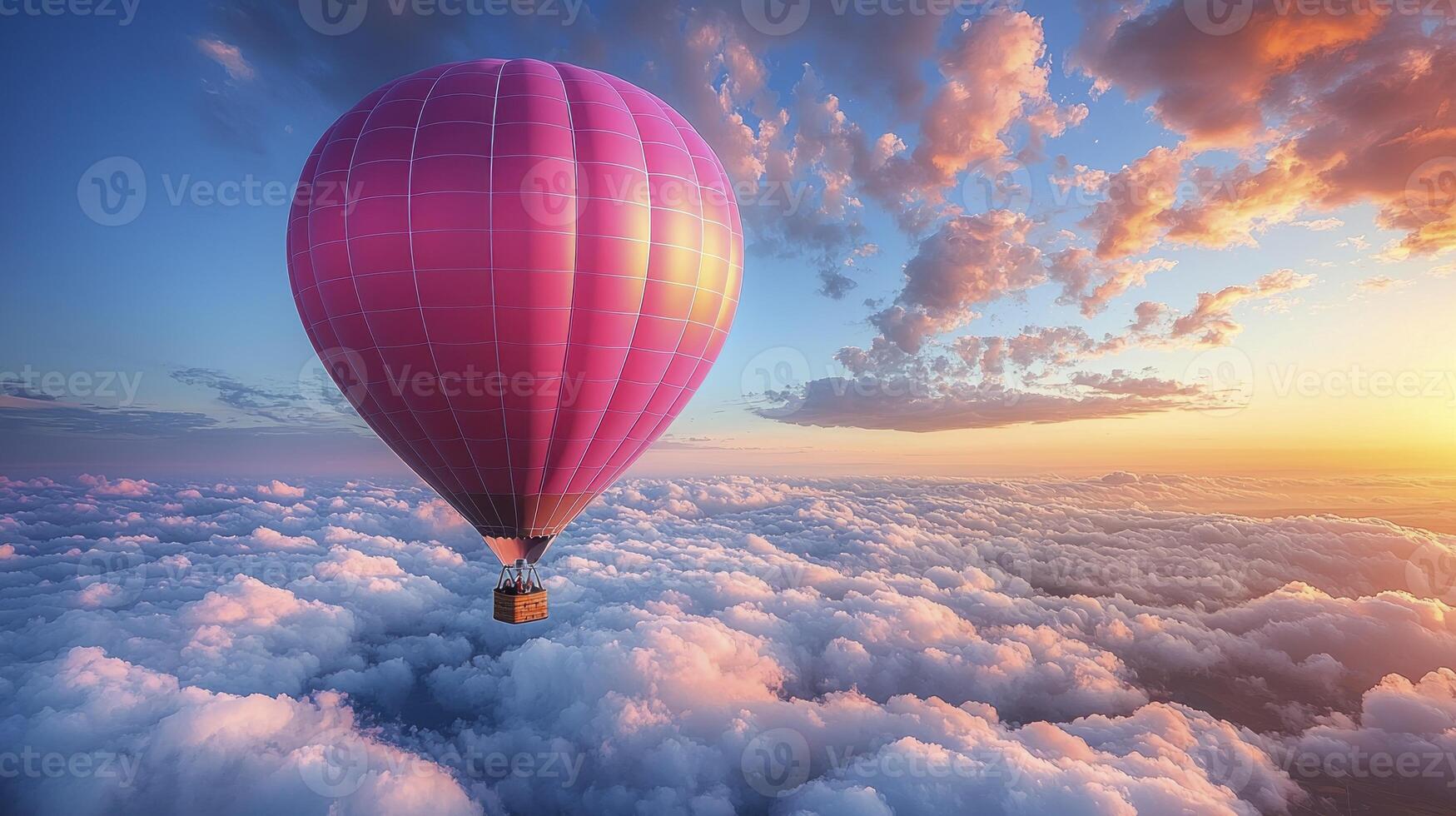 A pink hot air balloon flying above the clouds photo