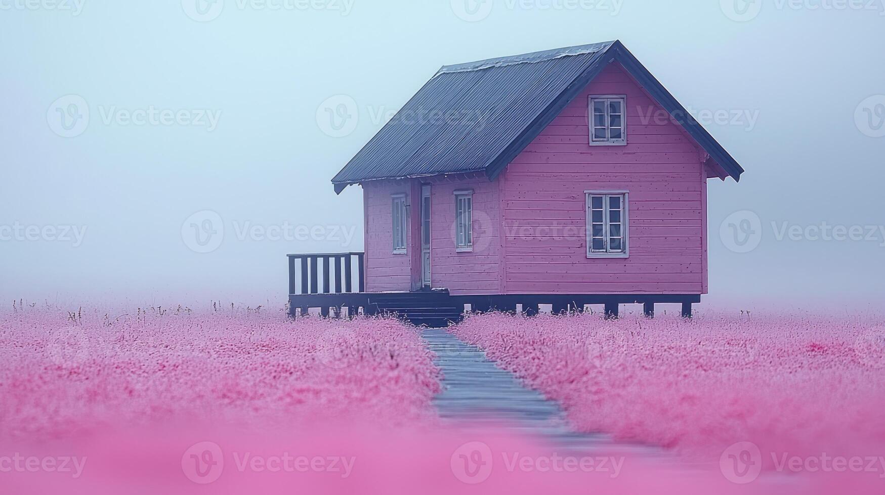 A pink house in the middle of a field photo