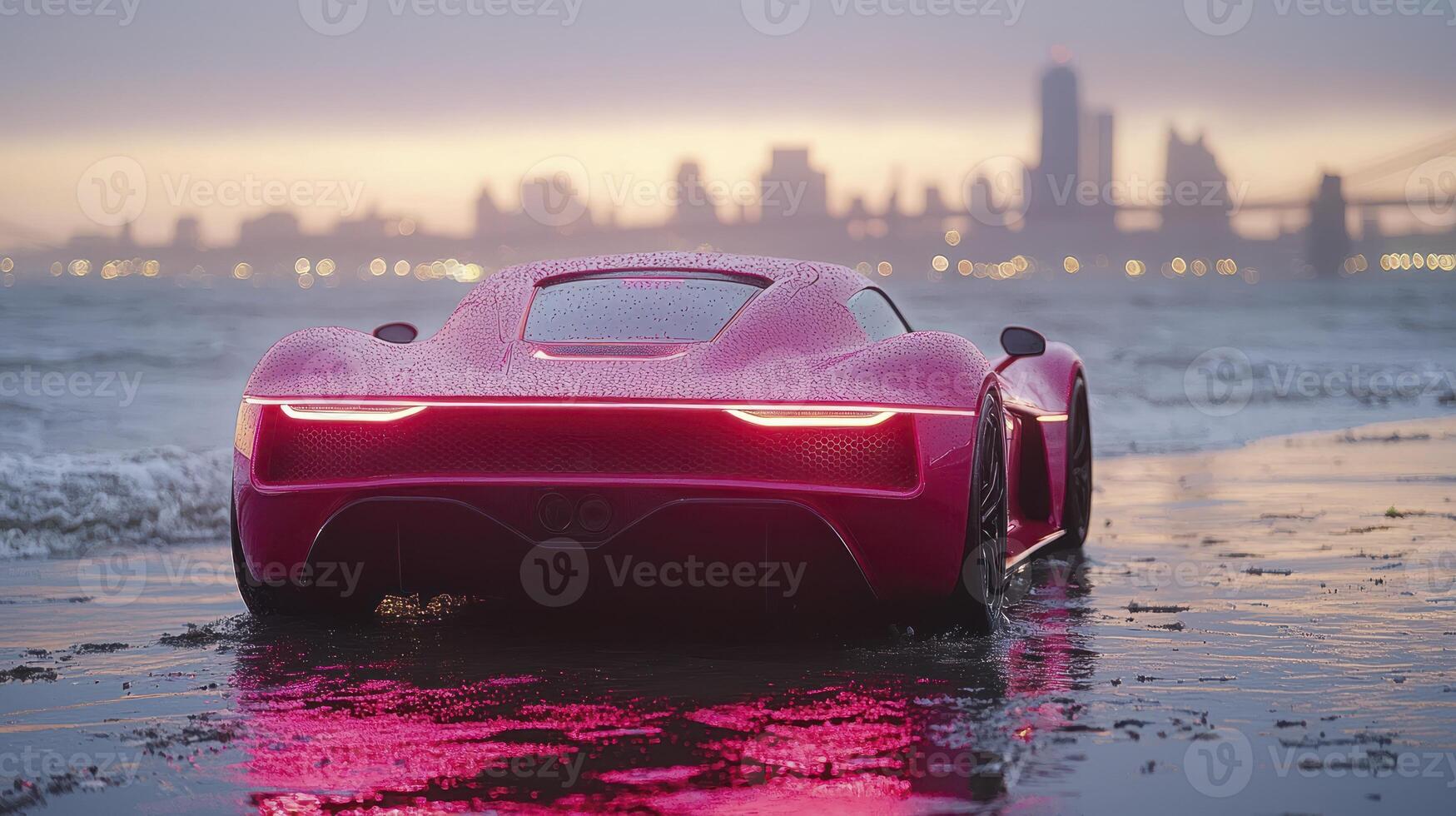 A pink sports car parked on the beach photo