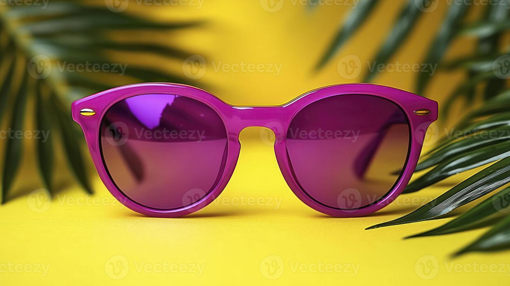 A pair of purple sunglasses on a yellow background photo