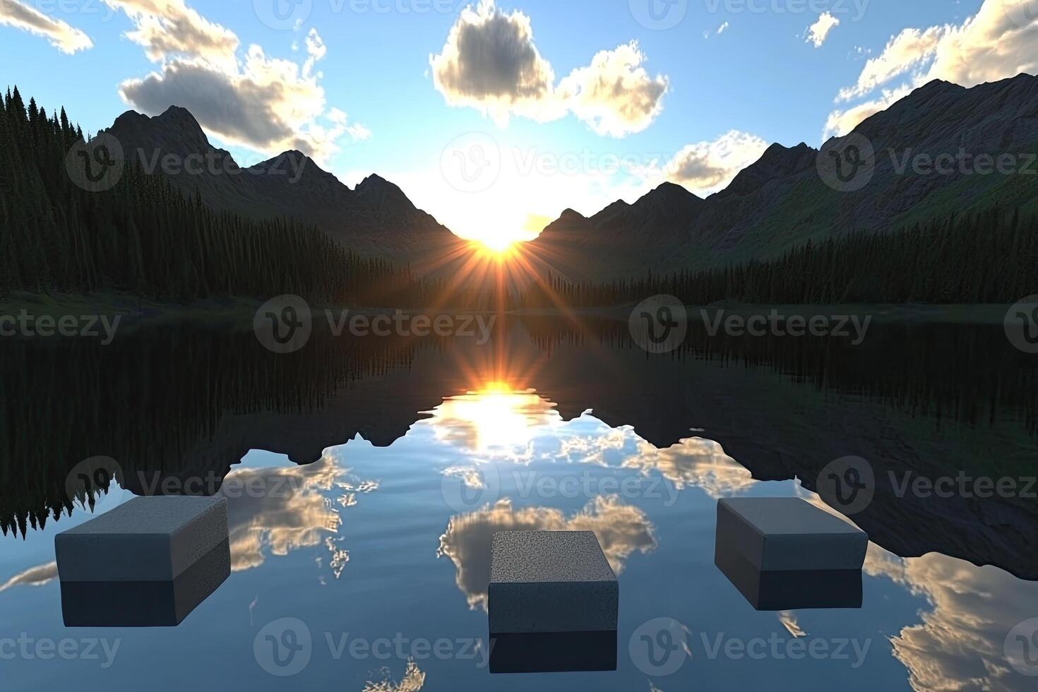 Peaceful mountain lake sunset photo