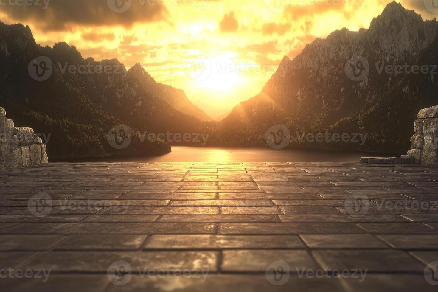 Majestic sunset over mountain lake photo