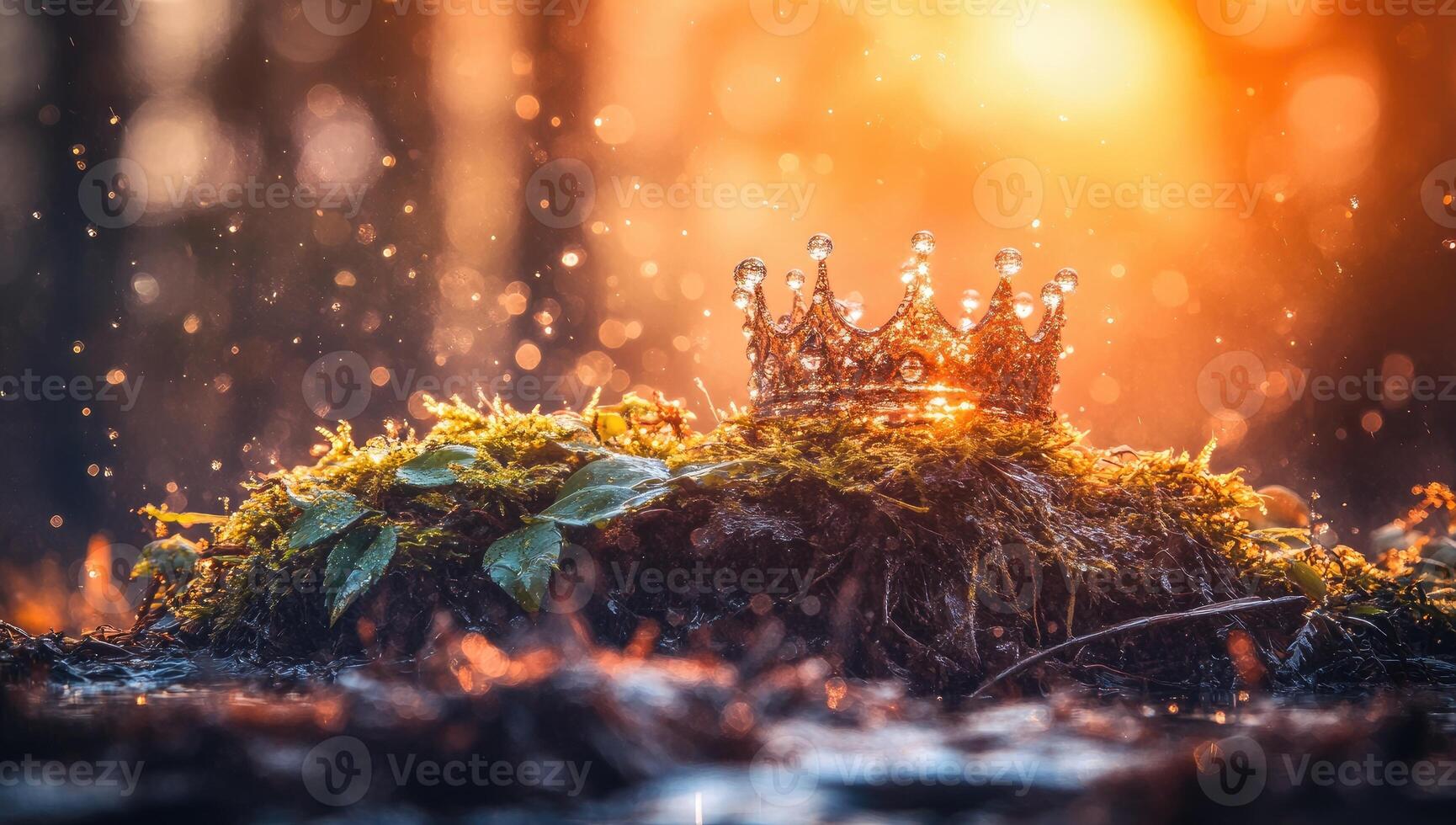 Crown resting on mossy knoll, bathed in golden light photo