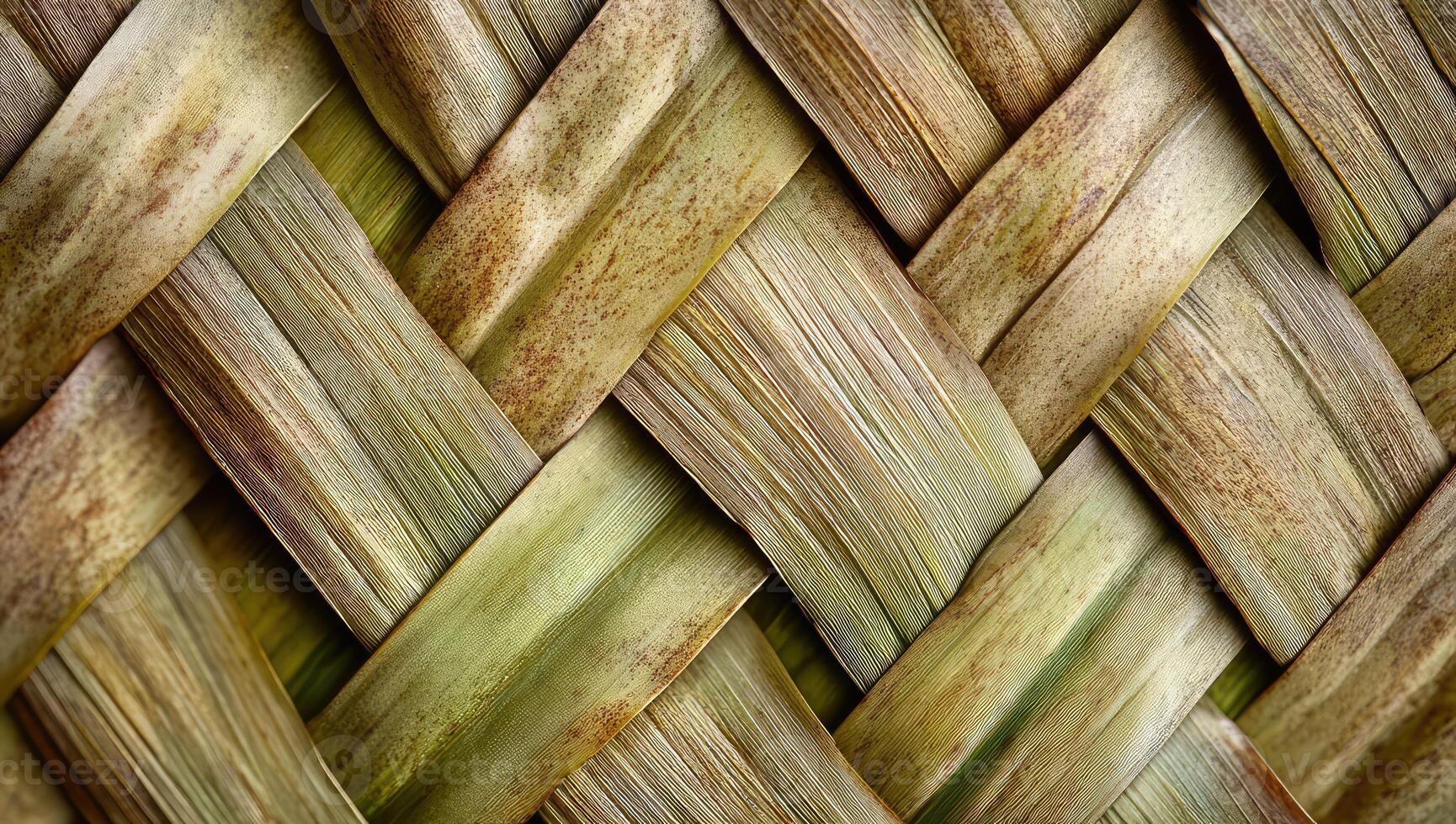 Close-up of intricately woven palm leaf matting. Natural textures and colors create a visually appealing design. Intertwined strips of dried plant material form a complex pattern photo