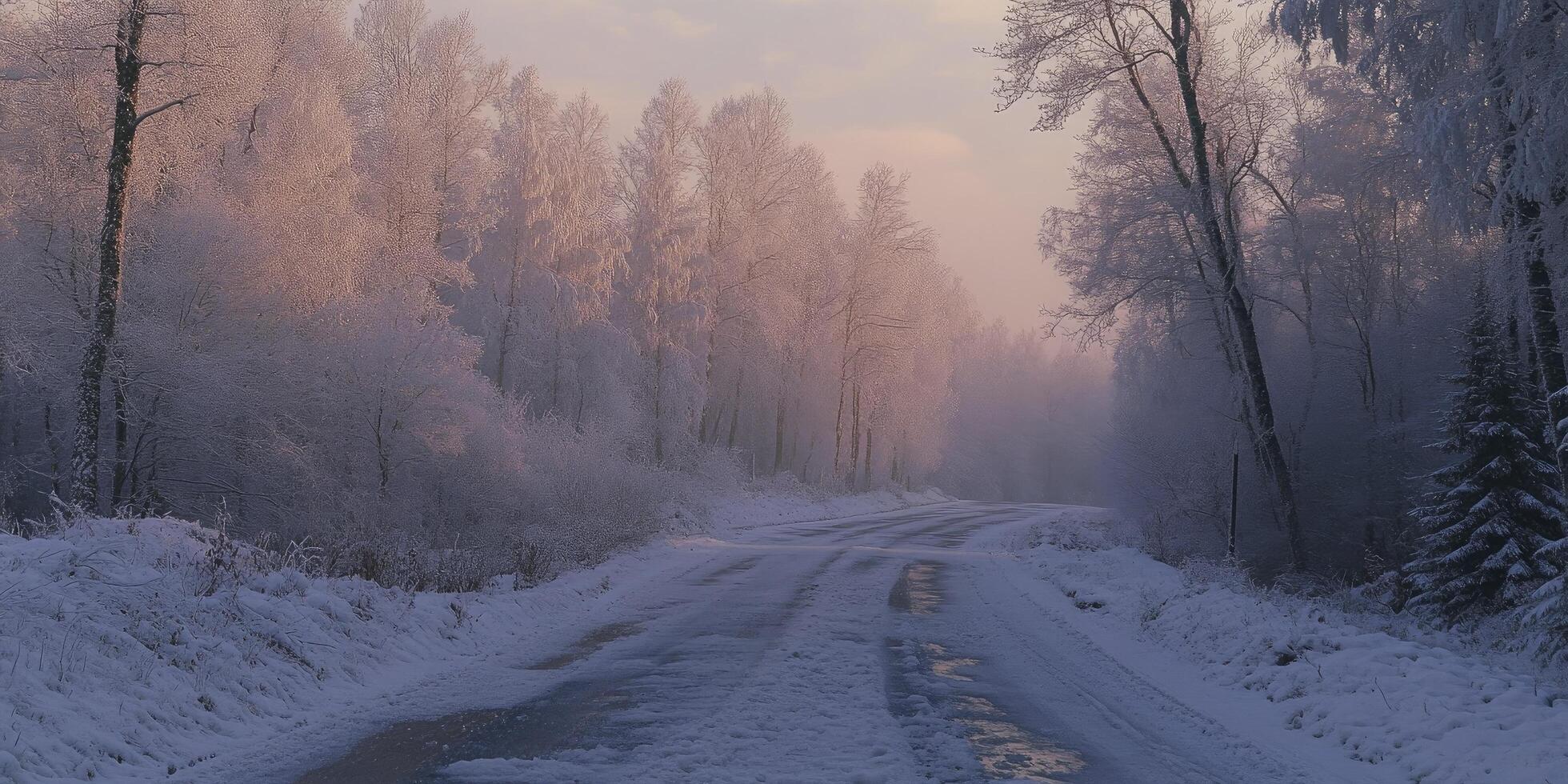 A snowy road in the middle of a forest photo