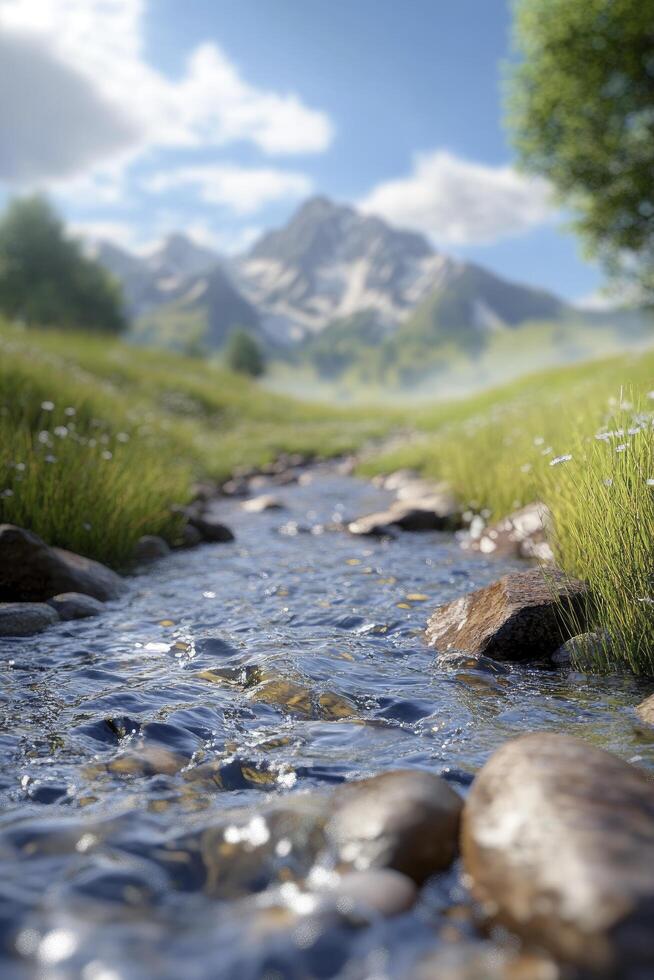 A stream running through a grassy field with rocks and flowers photo