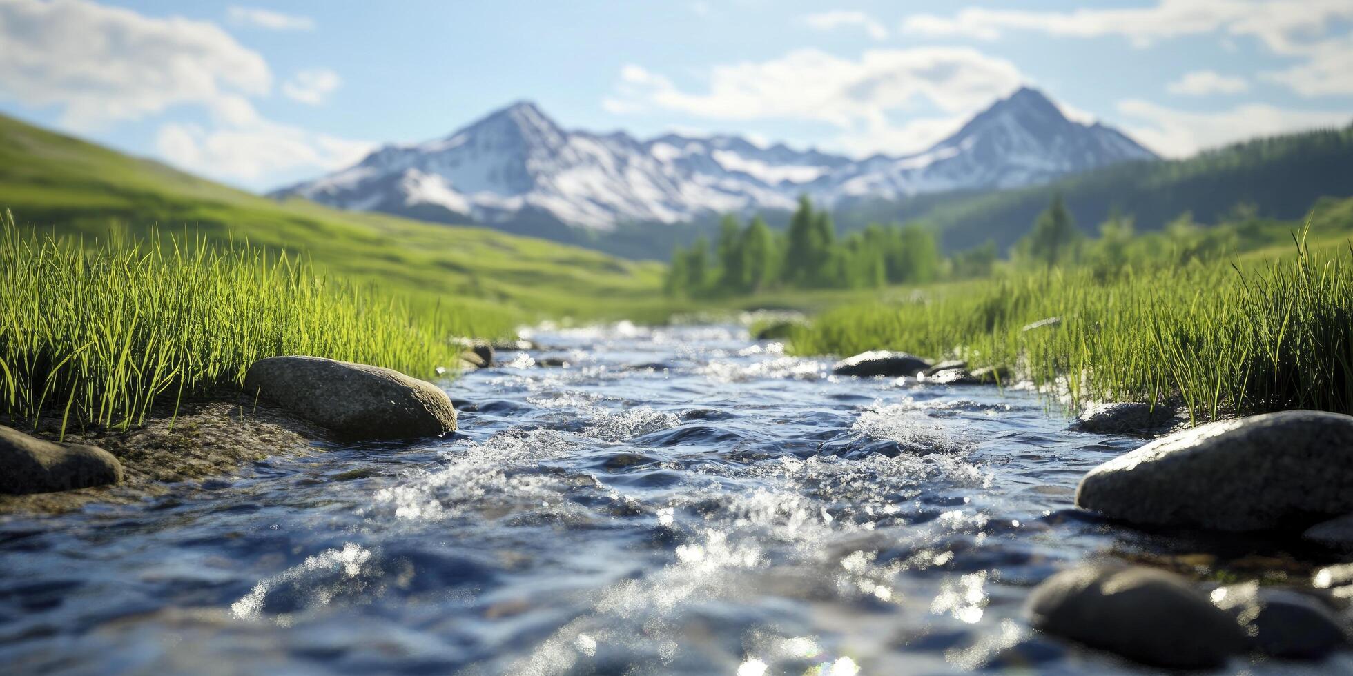 A stream running through a grassy field with mountains in the background photo