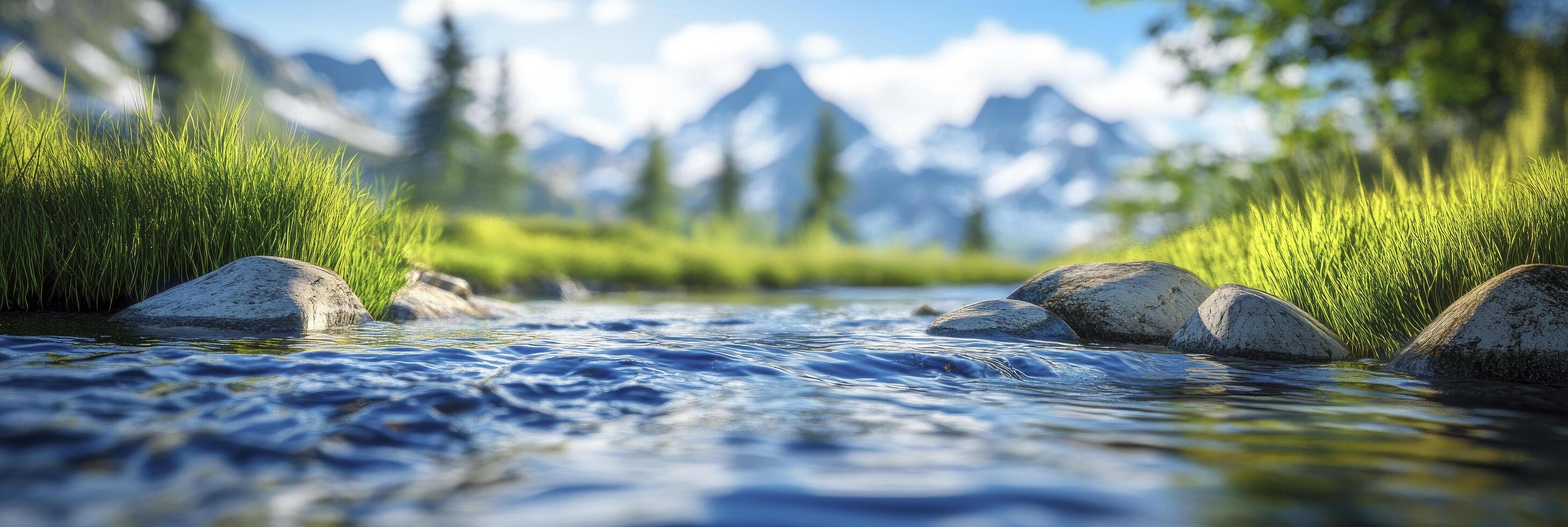 A stream running through a grassy field with rocks and trees photo