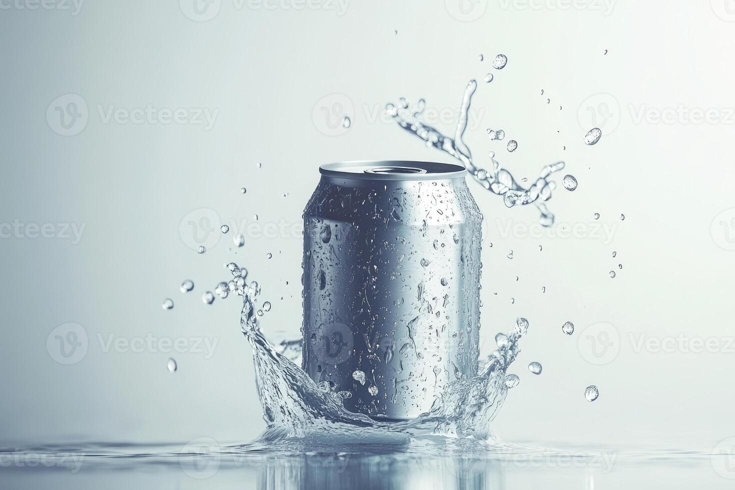 Sparkling aluminum can in water splash photo