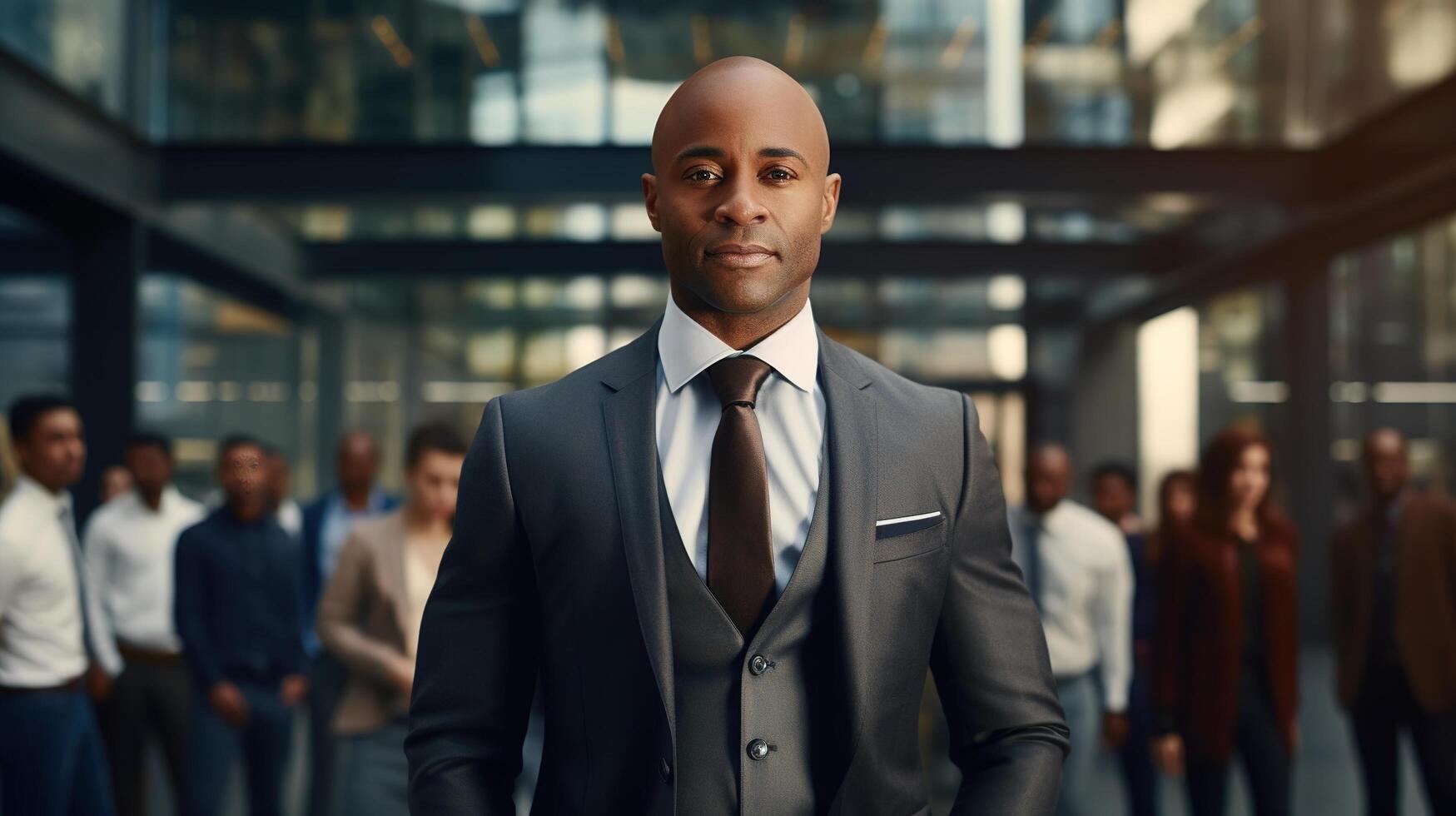 A man in a suit standing in front of a group of people photo