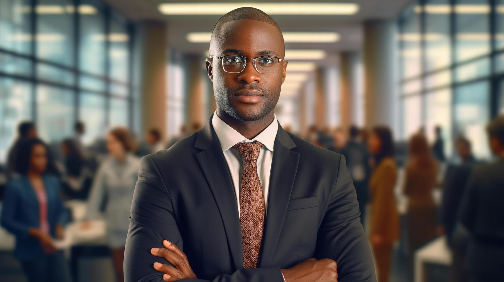 A man in a suit and tie standing in front of a crowd photo
