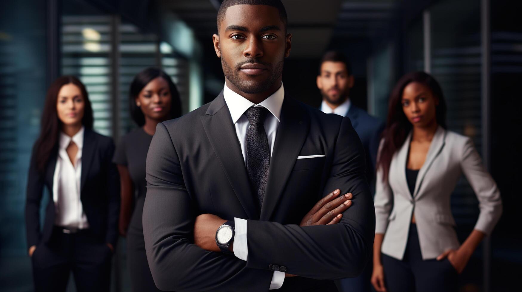 A group of business people standing in front of a man in a suit photo