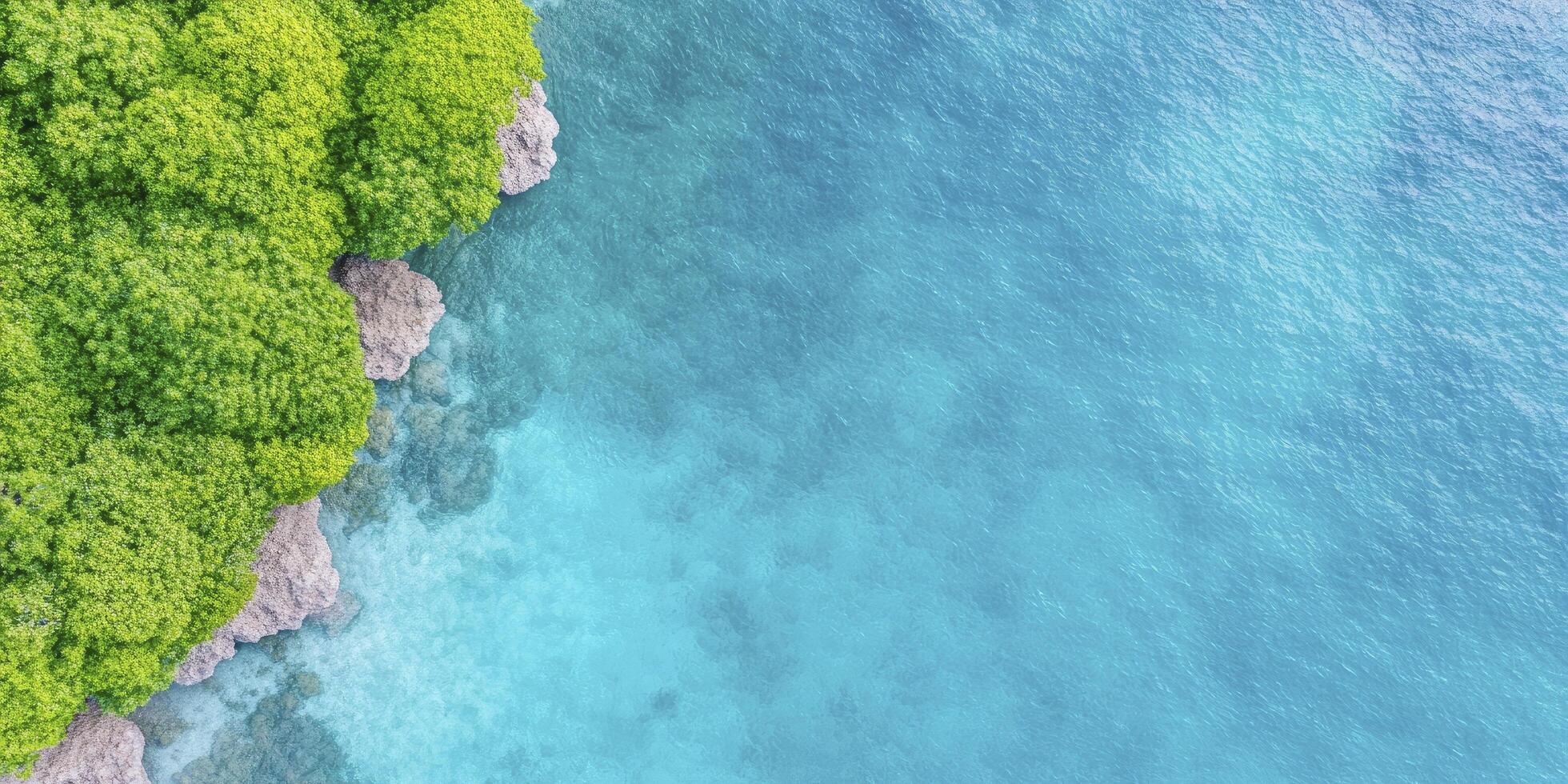 An aerial view of a green forest on the shore of the ocean photo