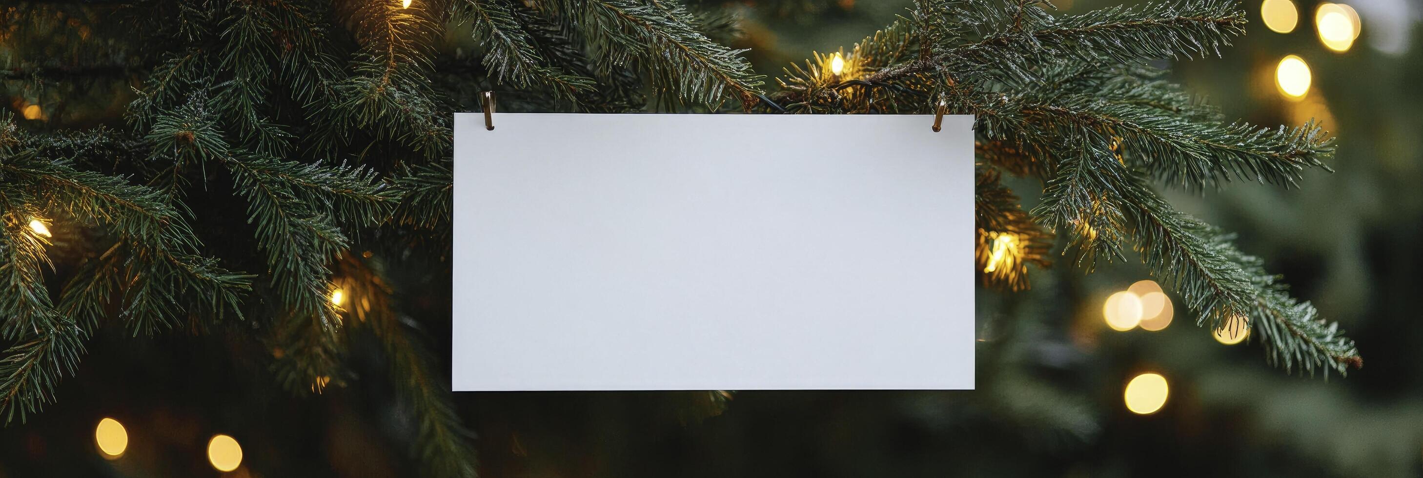 A blank paper is hanging from a christmas tree photo