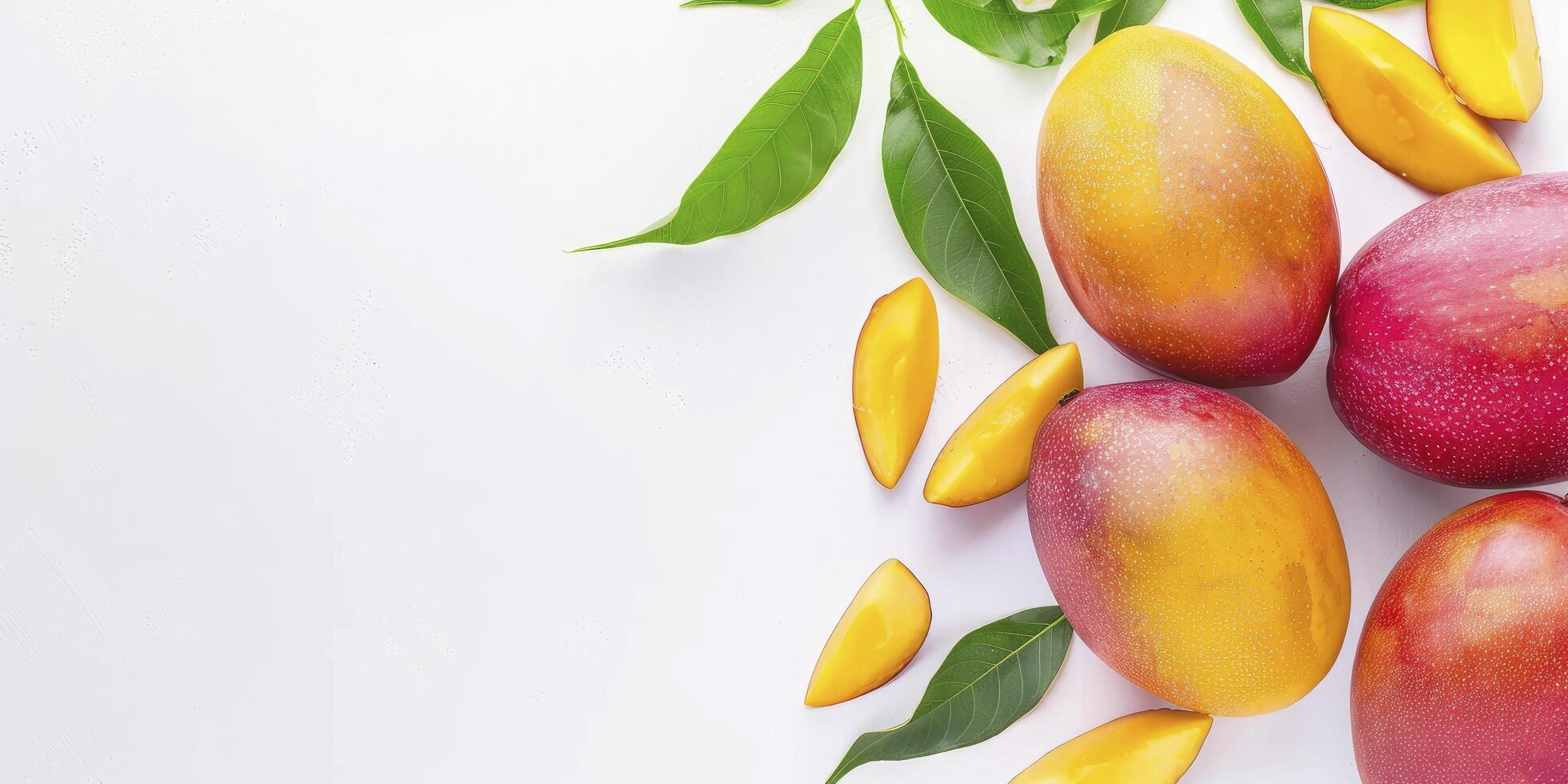 Mangoes on white background with leaves photo