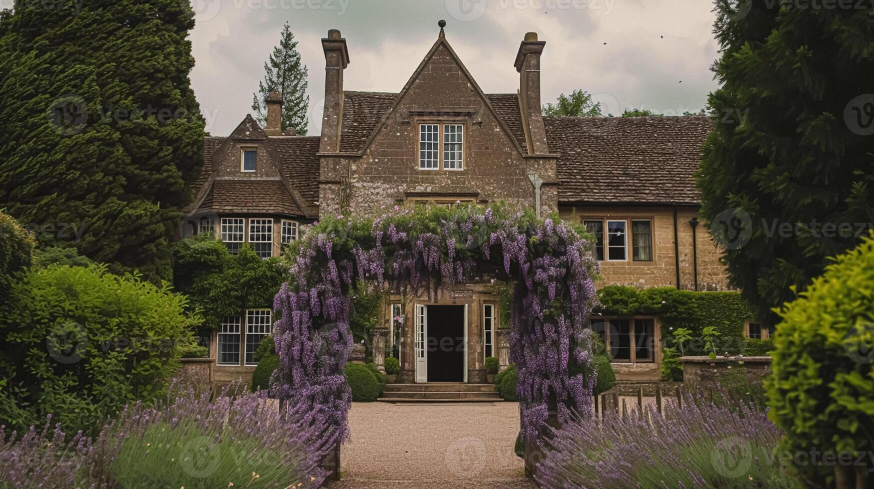 A floral archway adorned with purple flowers, set up for a wedding ceremony in a garden photo