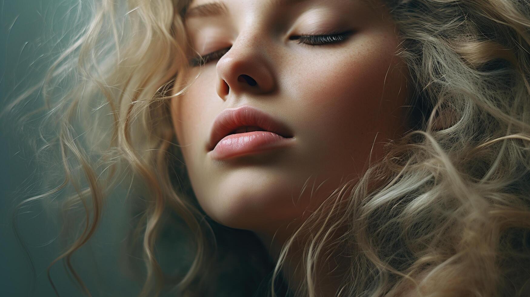 A beautiful blonde woman with her eyes closed photo