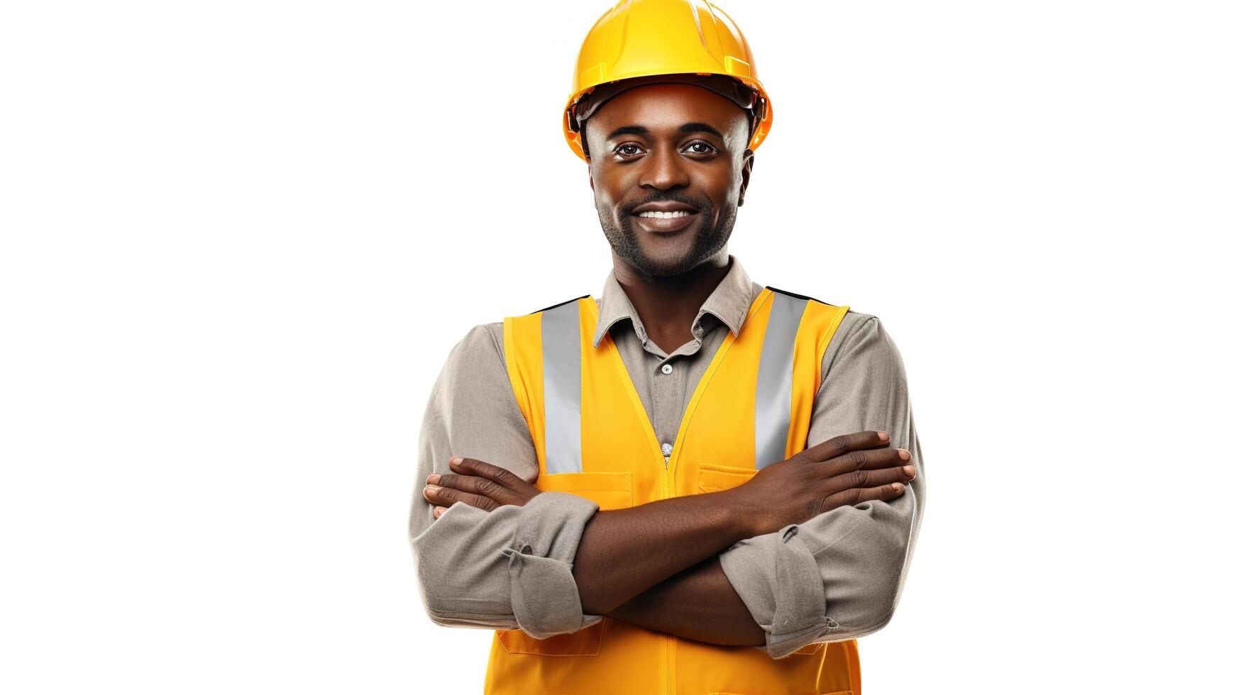 A black man in a hard hat and yellow vest photo