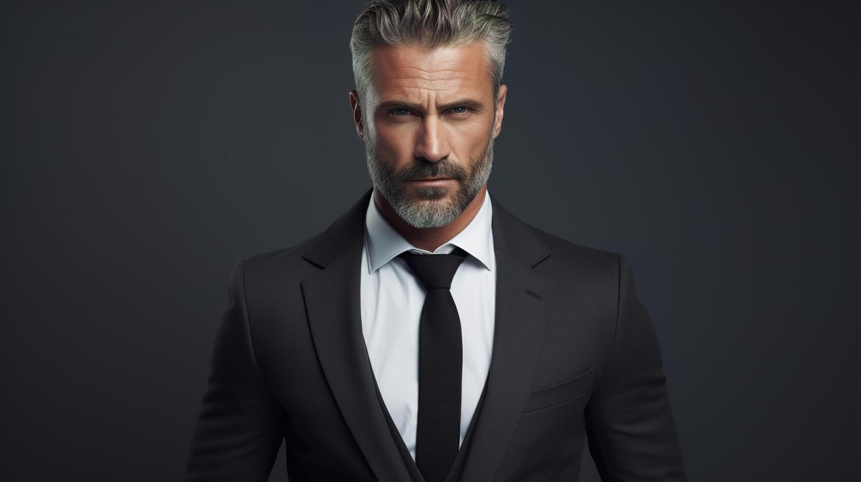 A man in a suit and tie standing in front of a black background photo