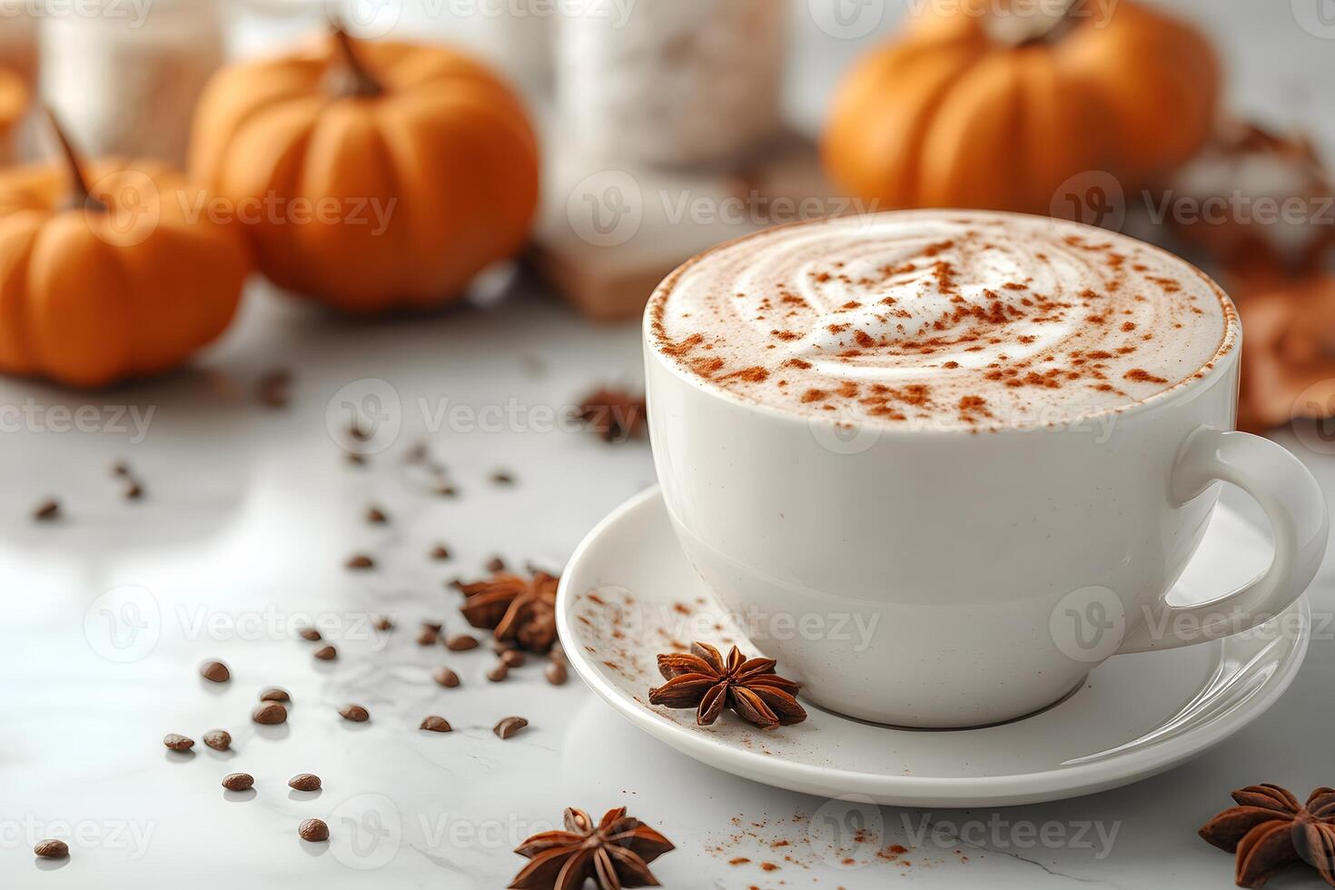 Autumn Pumpkin Spice Latte with Cinnamon and Star Anise on Marble Table photo