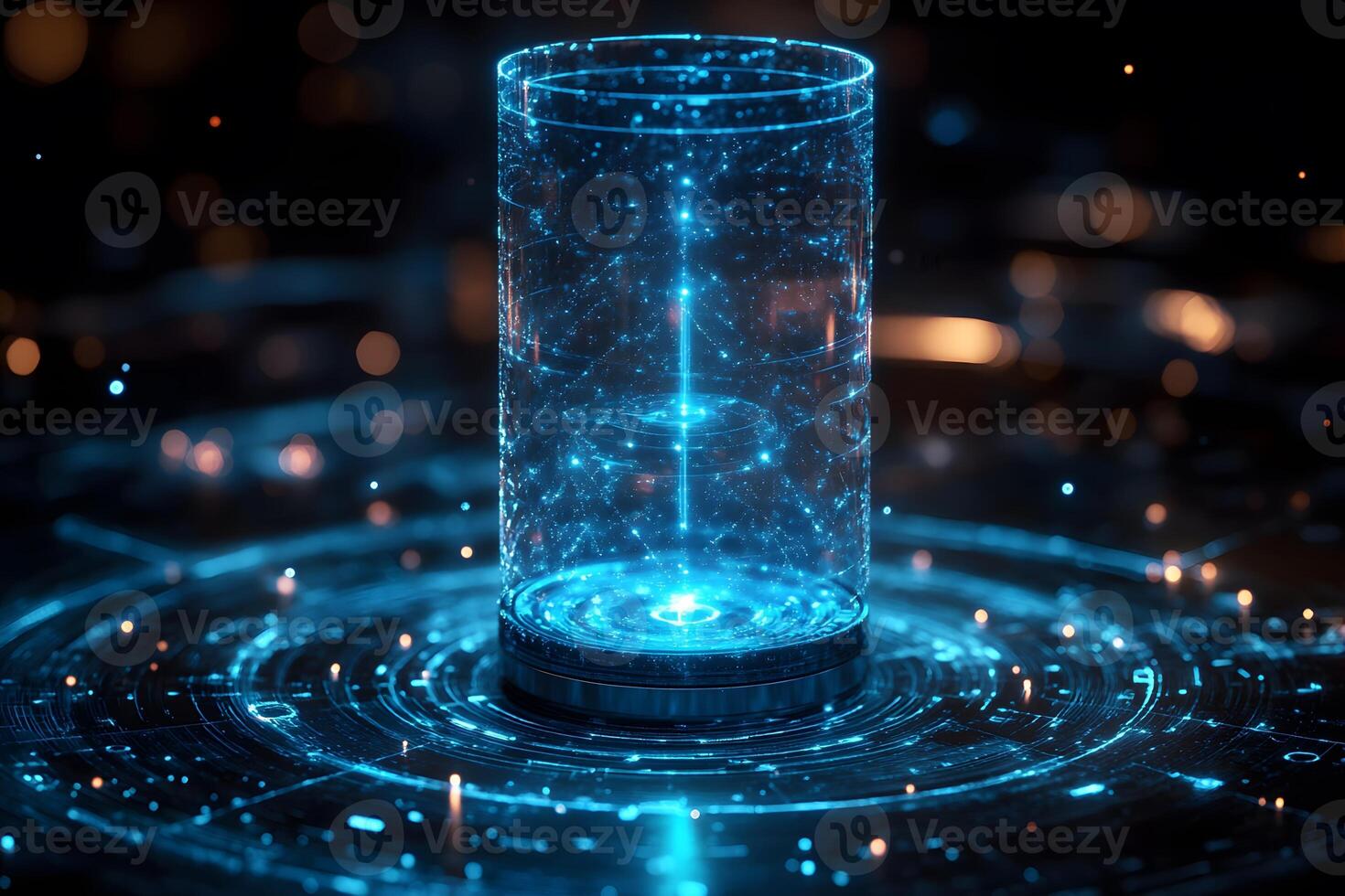Futuristic Holographic Interface Cylinder with Glowing Blue Lights for Technology Visualization photo