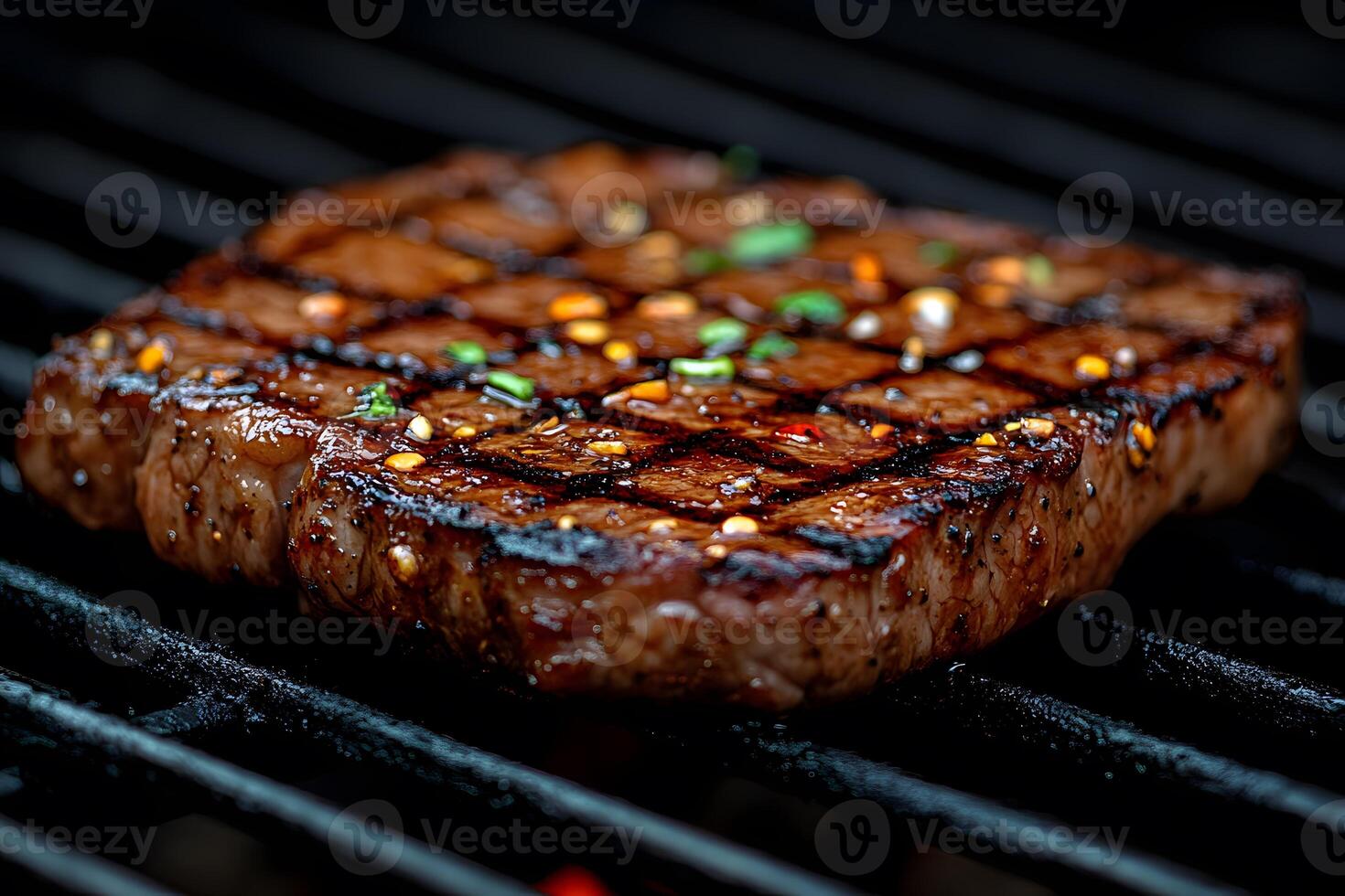 Grilled Juicy Steak with Spices on a BBQ Grill - Perfect for Culinary Posters and Menus photo