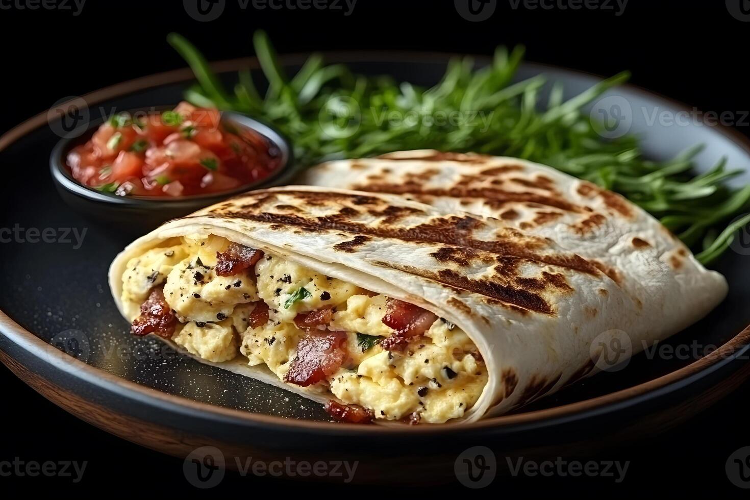 Delicious Breakfast Burrito with Scrambled Eggs, Bacon, and Salsa Garnish photo