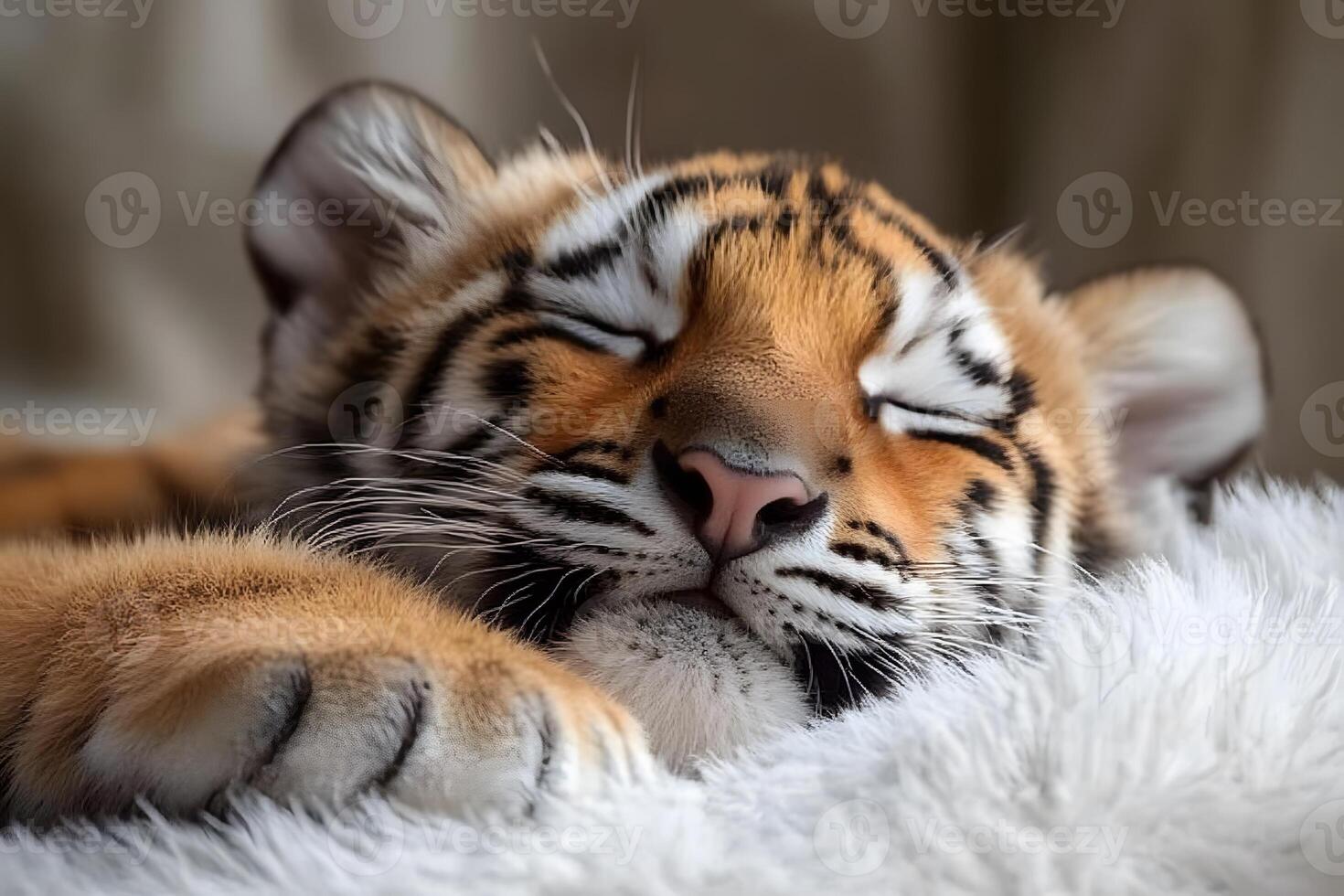 Adorable Sleeping Tiger Cub on Soft Blanket - Wildlife, Nature, and Serenity photo