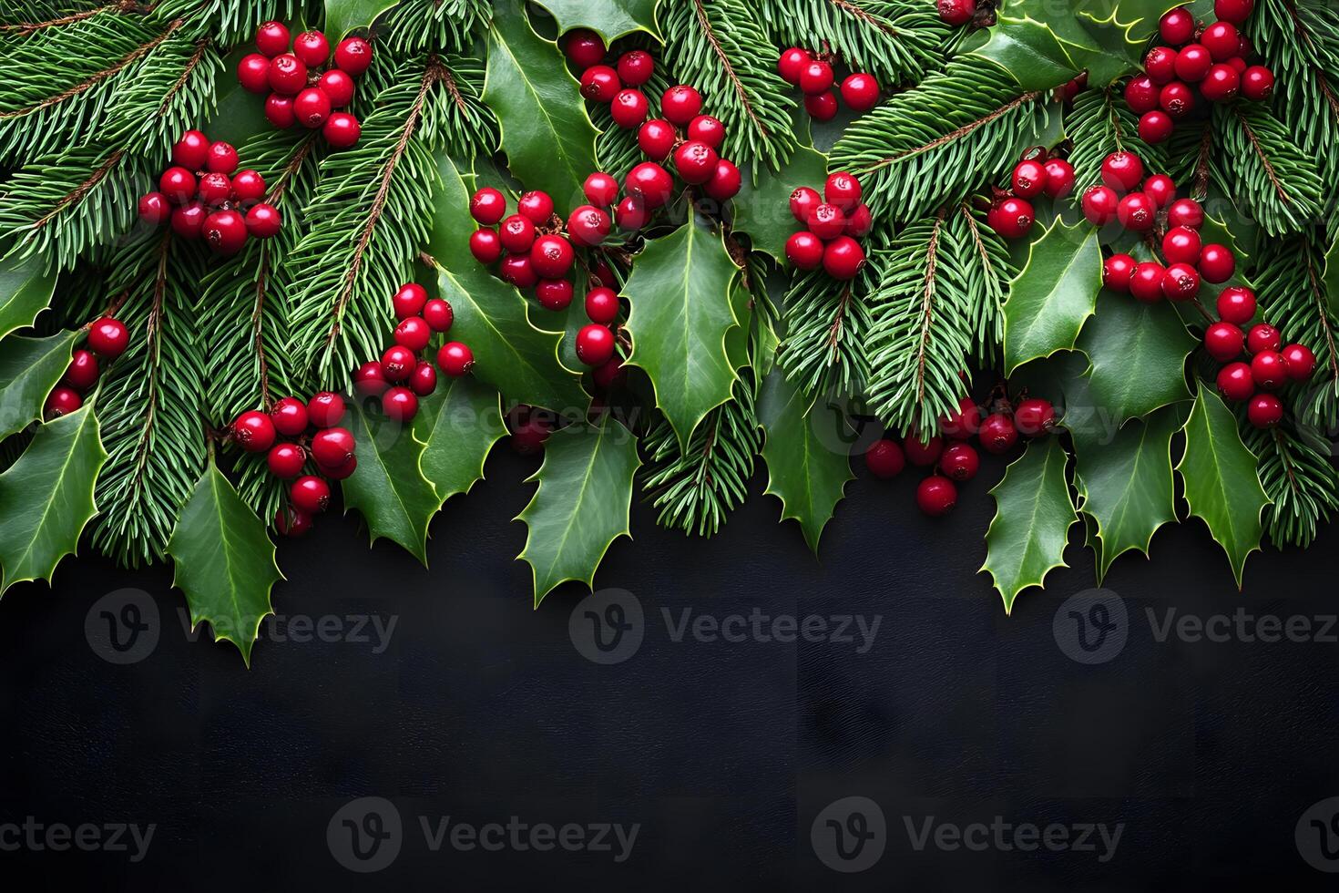 Festive Christmas Background with Holly, Berries, and Pine Branches for Holiday Decorations photo