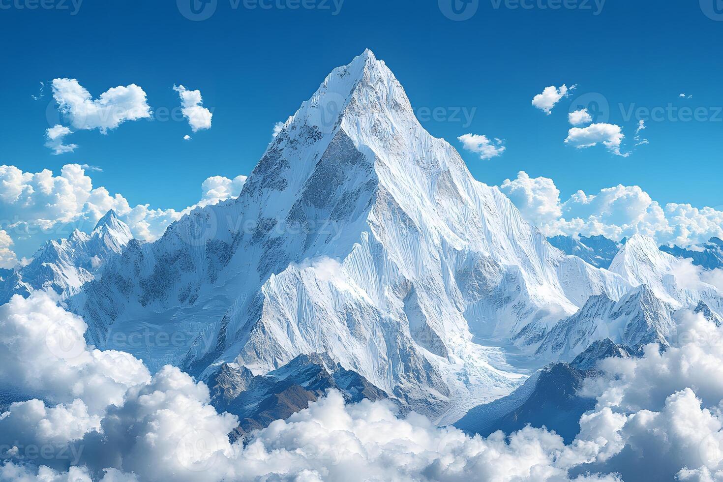 Majestic Snow-Covered Mountain Peak Against Clear Blue Sky photo