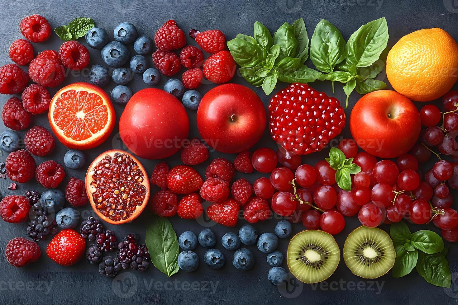 Colorful Assortment of Fresh Fruits and Berries with Herbs for Healthy Eating photo