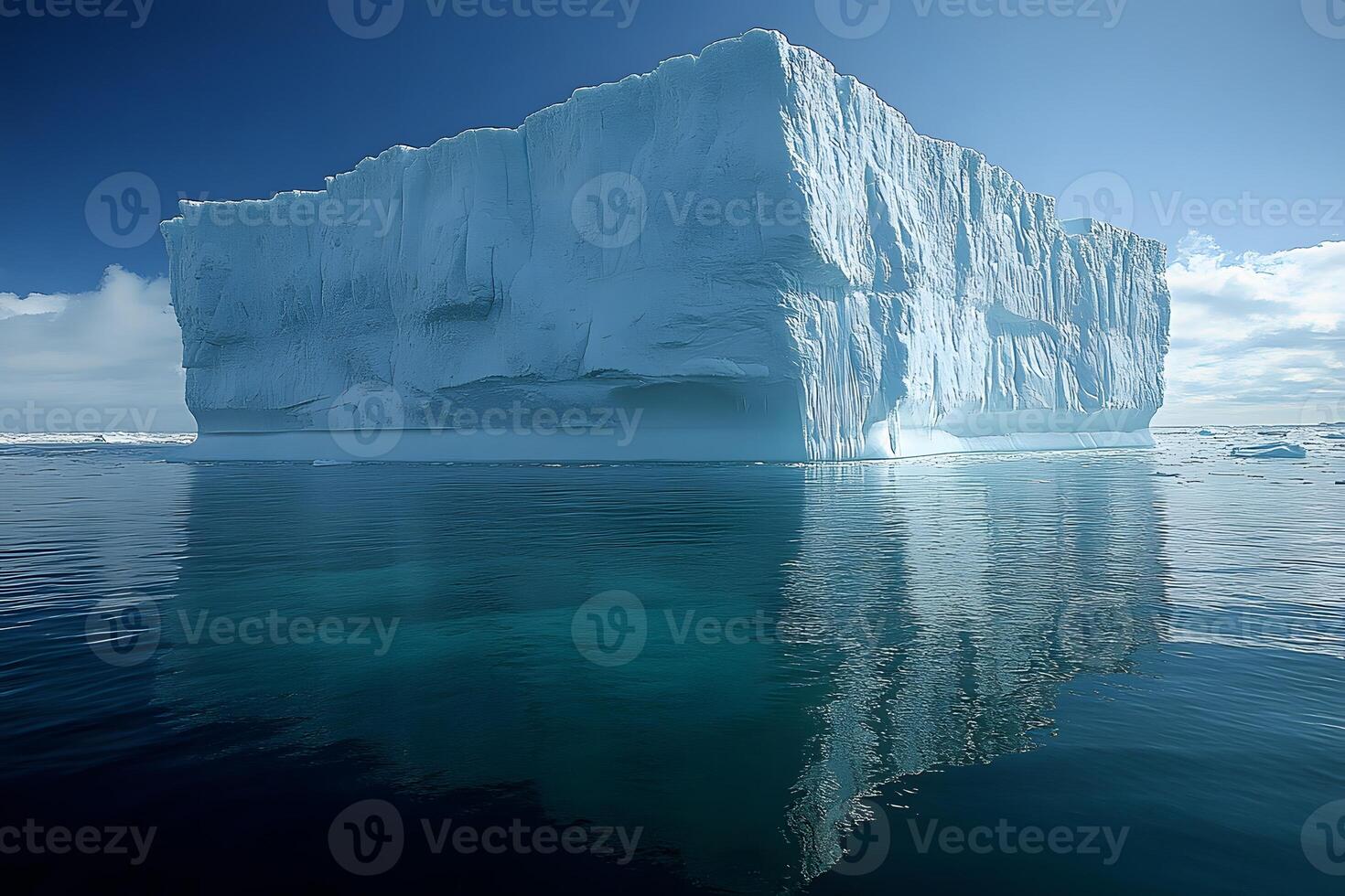 Majestic Iceberg Reflected in Arctic Waters Under Clear Blue Sky for Nature and Climate Themes photo