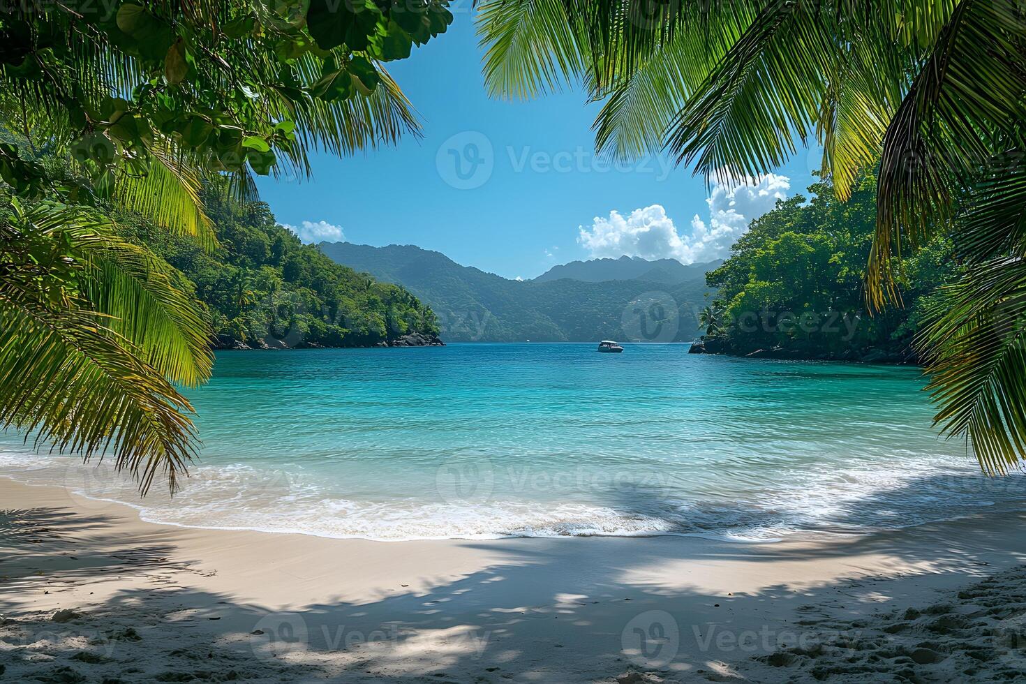 Tropical Paradise Beach with Turquoise Waters and Lush Greenery for Summer Vacation Retreat photo