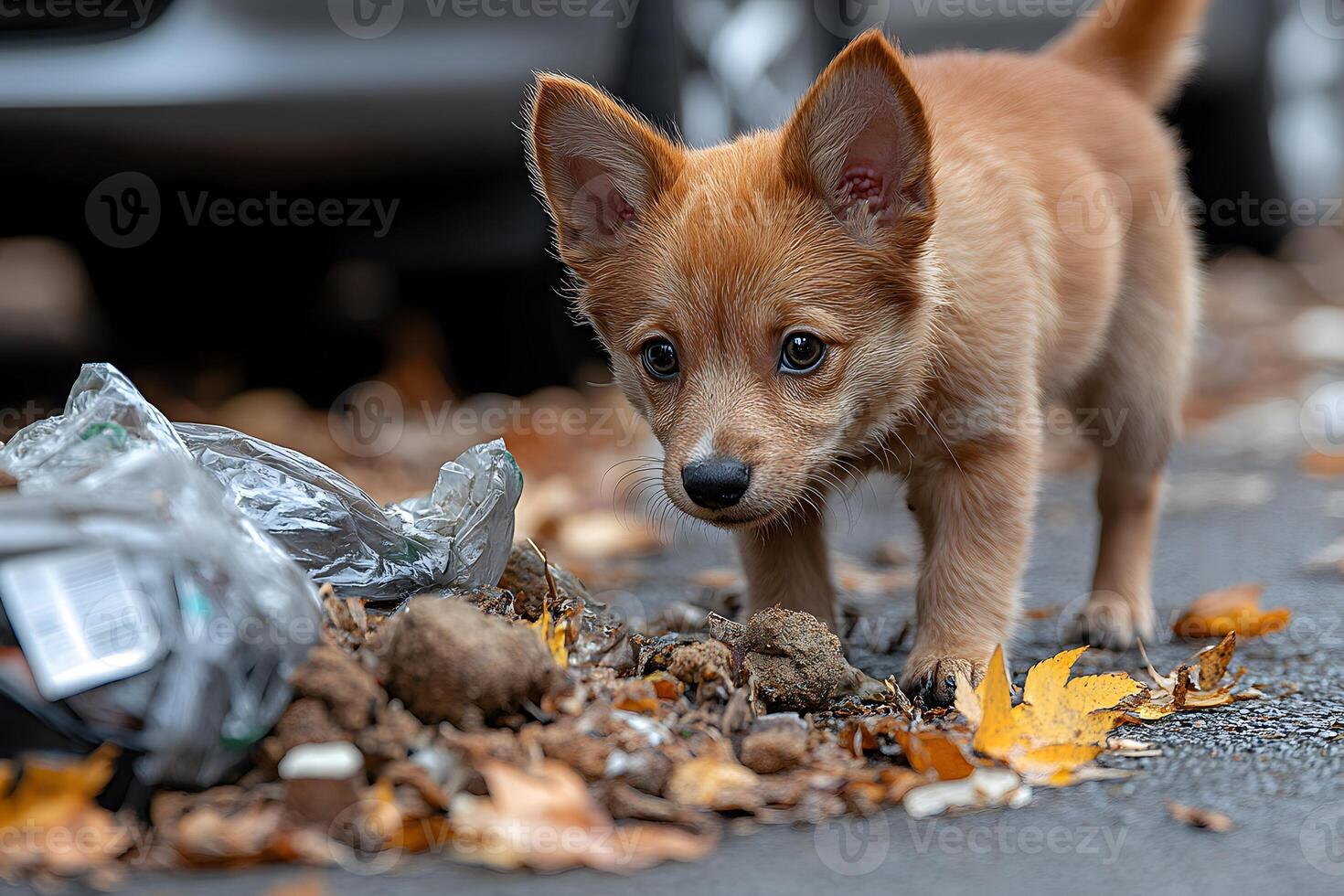 Curious Puppy Exploring Autumn Street with Fallen Leaves and Debris photo