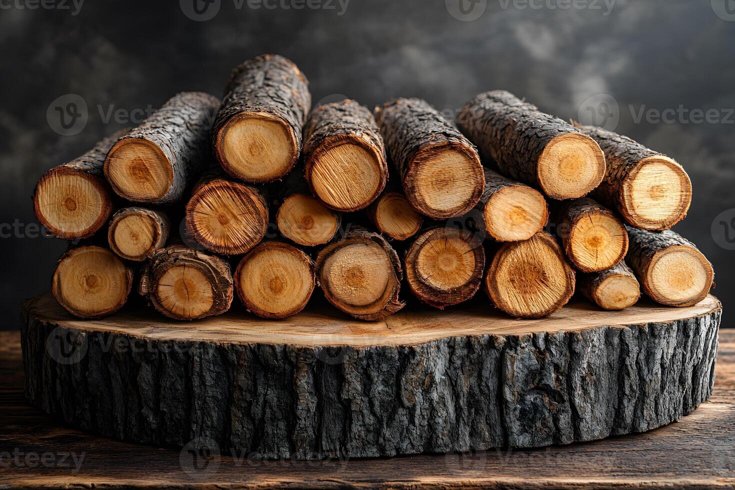 Natural Wooden Log Stacks on Rustic Slice for Autumn Home Decor and Crafts photo